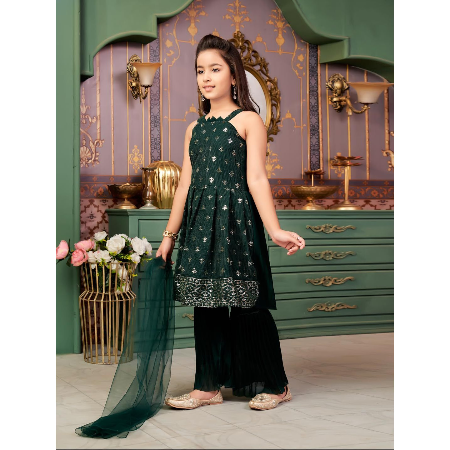 Aarika Girls Ethnic Wear Green Colour Sequin Embroidery Georgette Kurta Sharara Set With Dupatta-3-13 Years (Sh-Shm-5002)