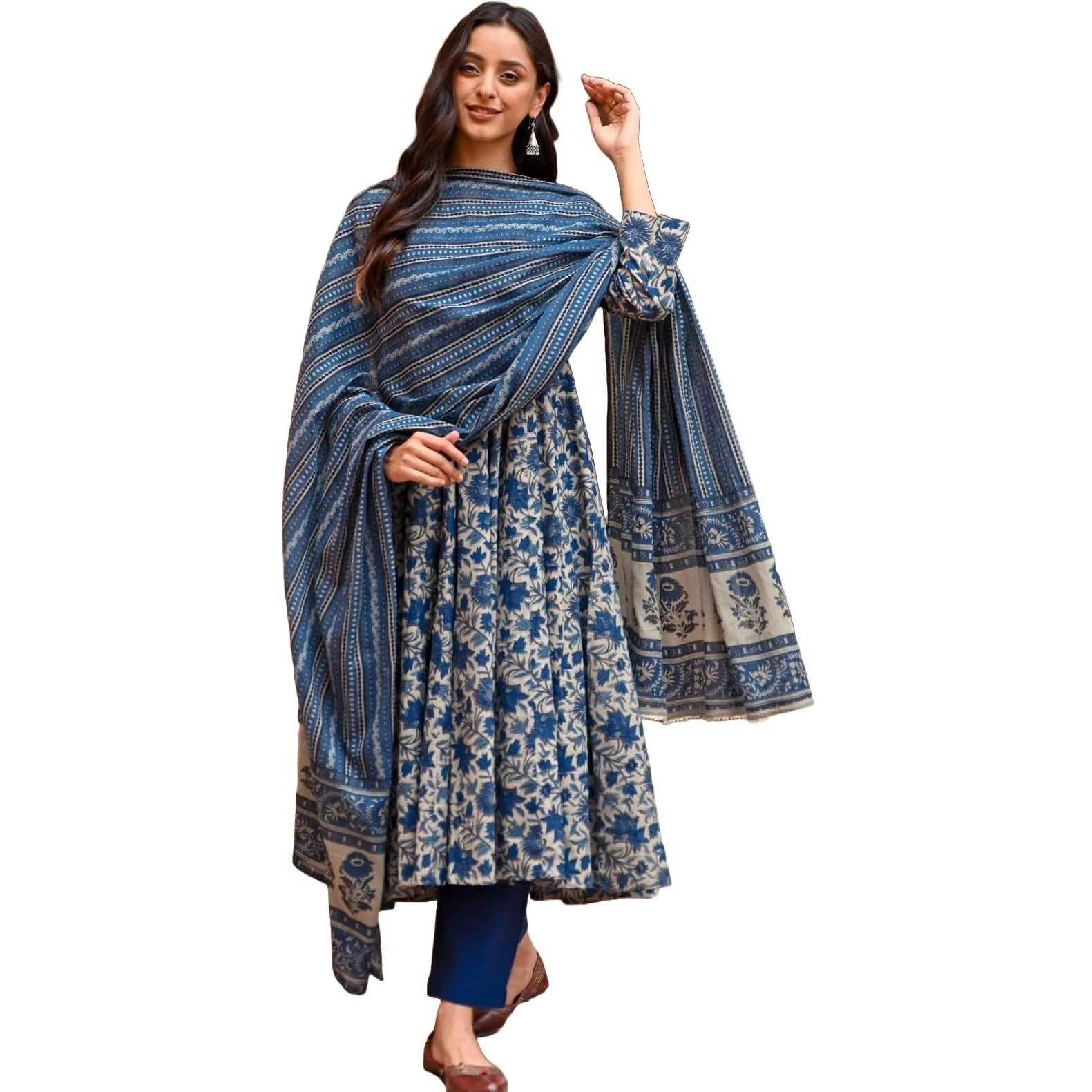 Alvami Women Printed Anarkali Kurta And Pant Set With Dupatta (L)