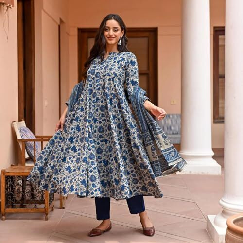 Alvami Women Printed Anarkali Kurta And Pant Set With Dupatta (L)