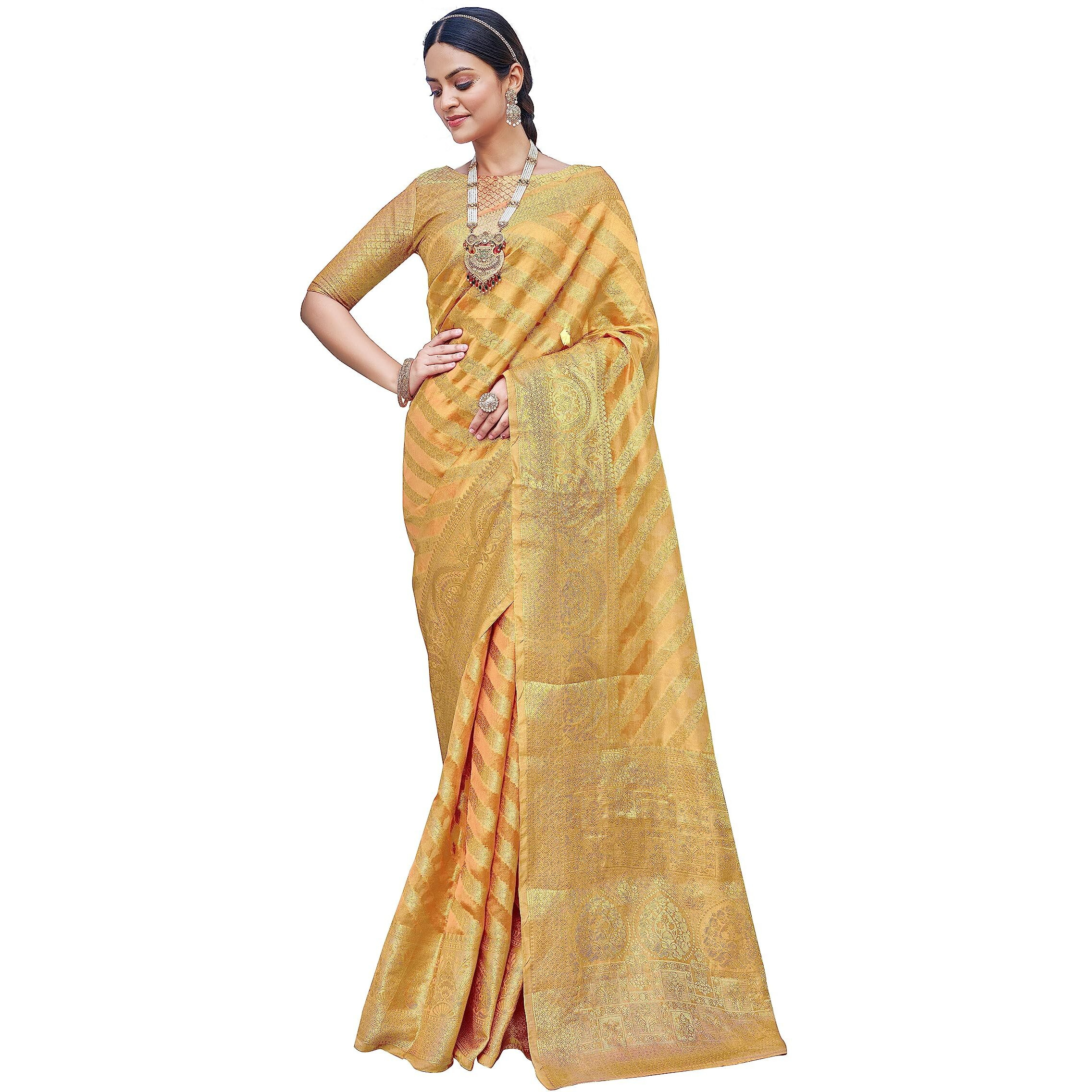 Glory Sarees Womens Organza Silk Woven Saree With Blouse Piece (Organza_Silk101_Peach)