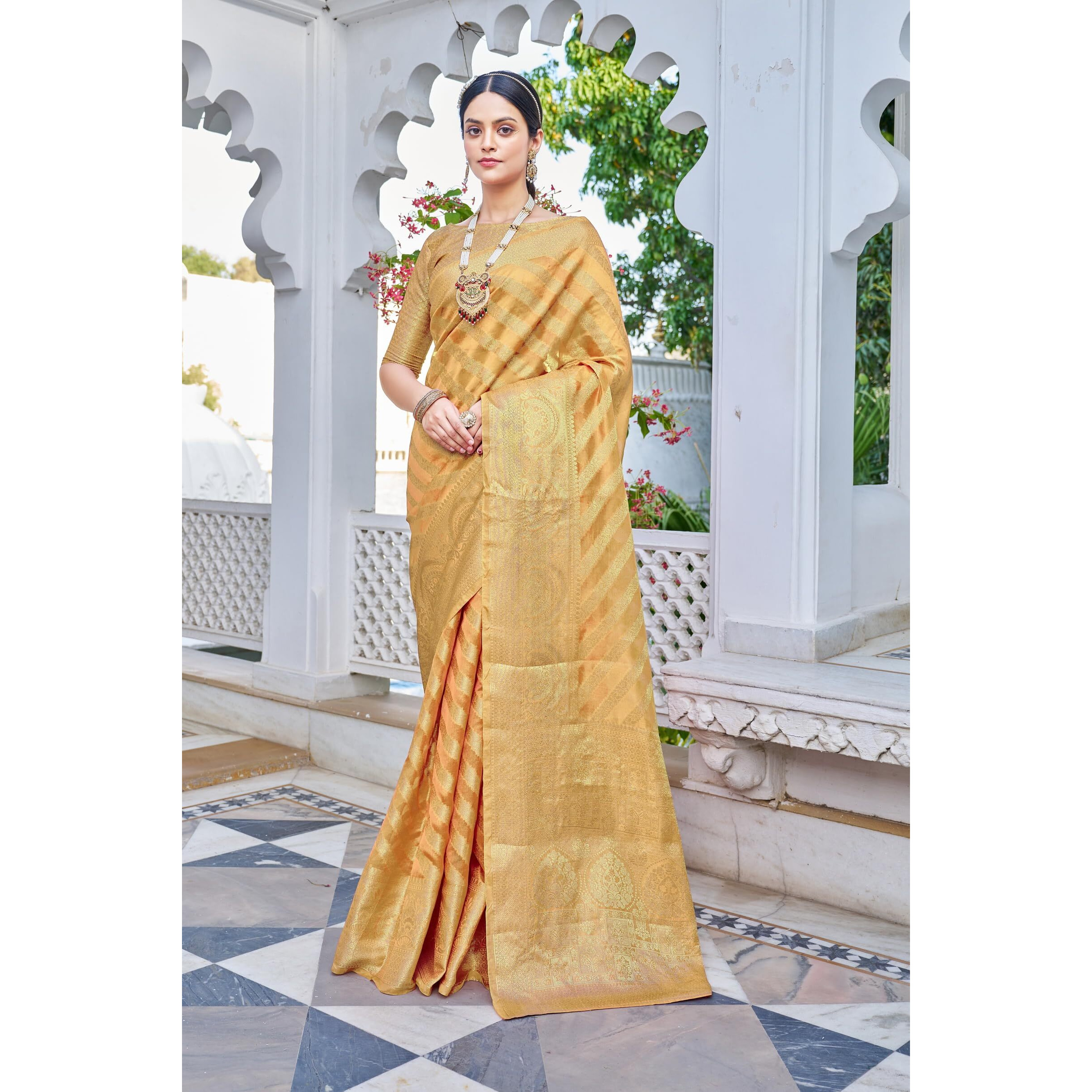 Glory Sarees Womens Organza Silk Woven Saree With Blouse Piece (Organza_Silk101_Peach)
