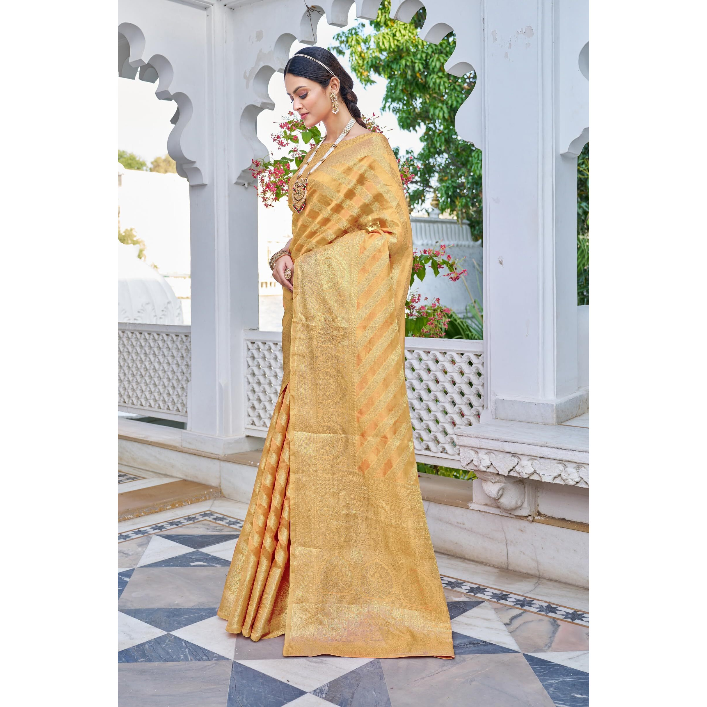 Glory Sarees Womens Organza Silk Woven Saree With Blouse Piece (Organza_Silk101_Peach)
