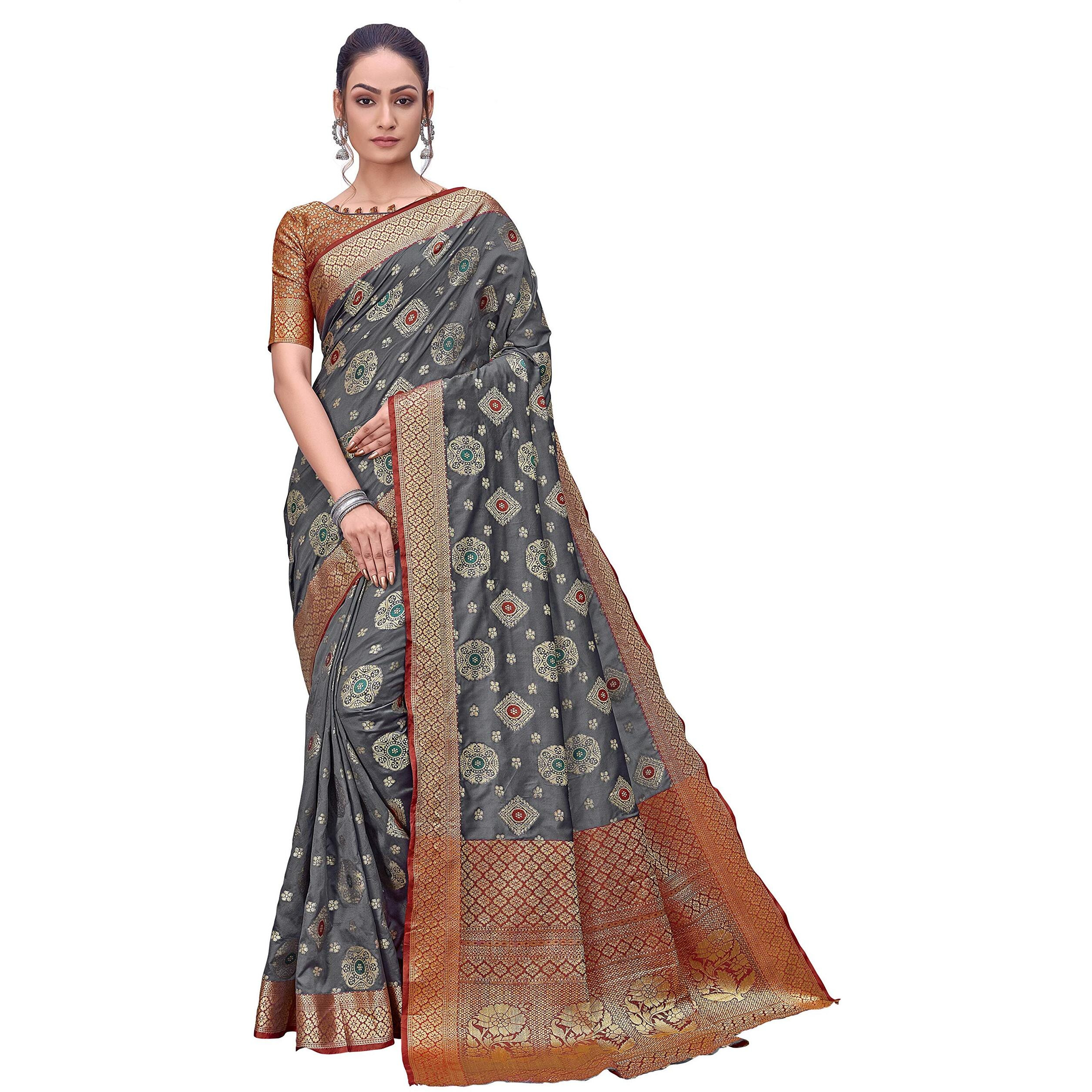 Glory Sarees Women's Banarasi Silk Saree With Blouse Piece (Gs_Vivah_Silk110_Grey)