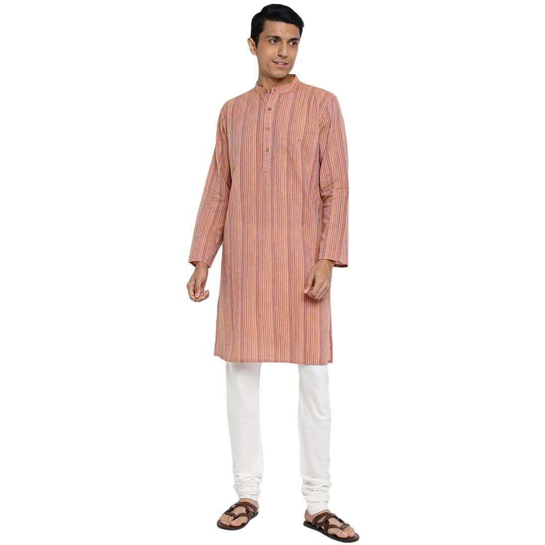 Fabindia Men Cotton Striped Long Kurta Orange_S