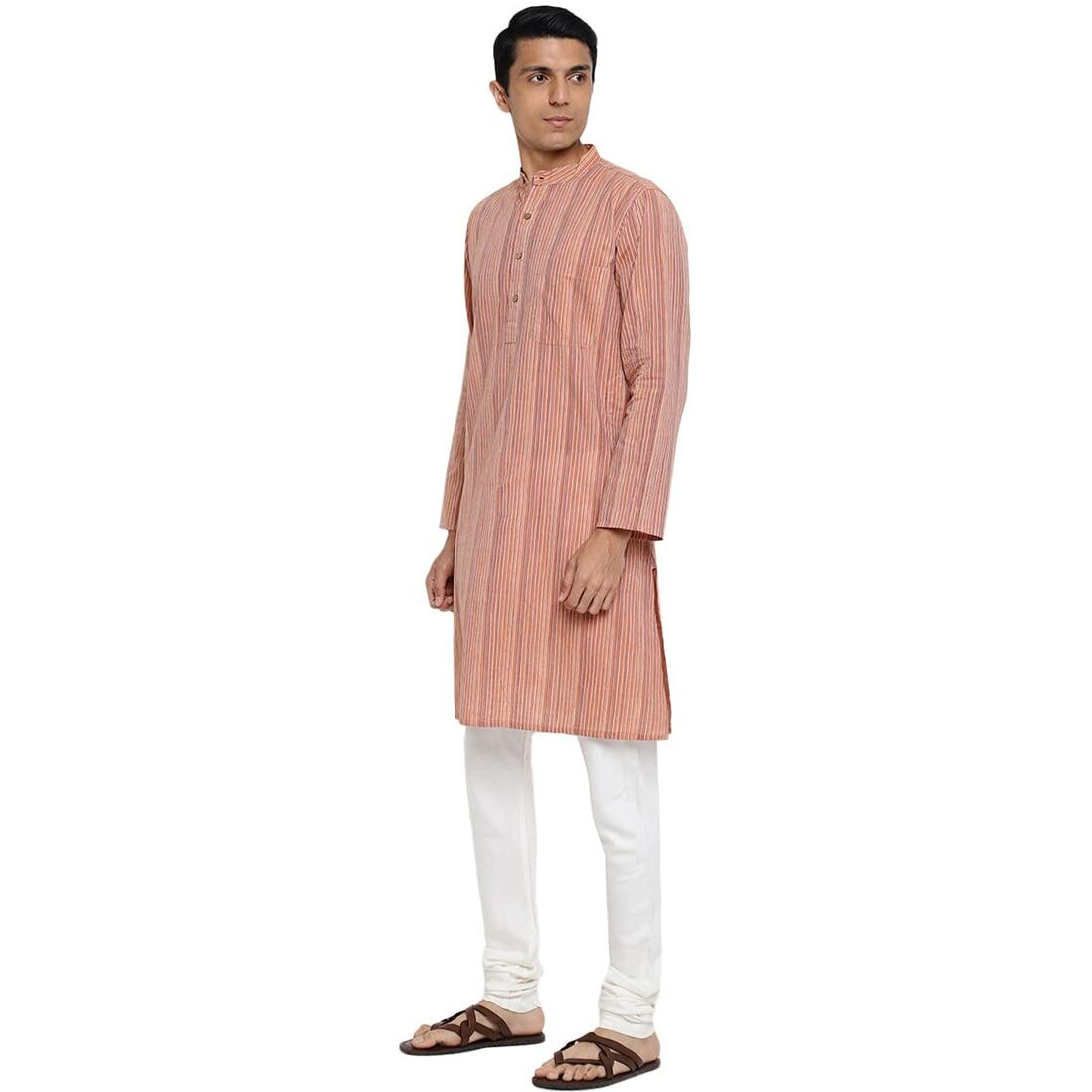 Fabindia Men Cotton Striped Long Kurta Orange_S