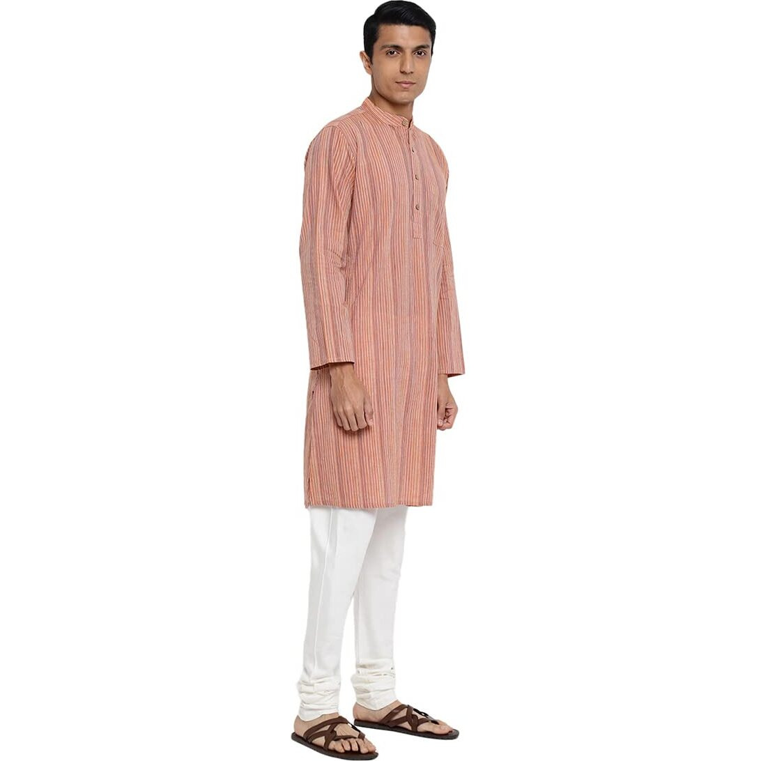 Fabindia Men Cotton Striped Long Kurta Orange_S