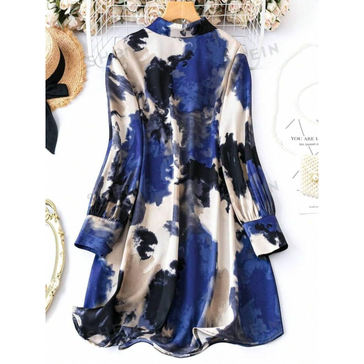 Gufrina Women's Rayon Dress With Long Puff Sleeves Mandarin Collared Neck Tie Die Printed A-Line Style Regular Fit And Knee Length Blue