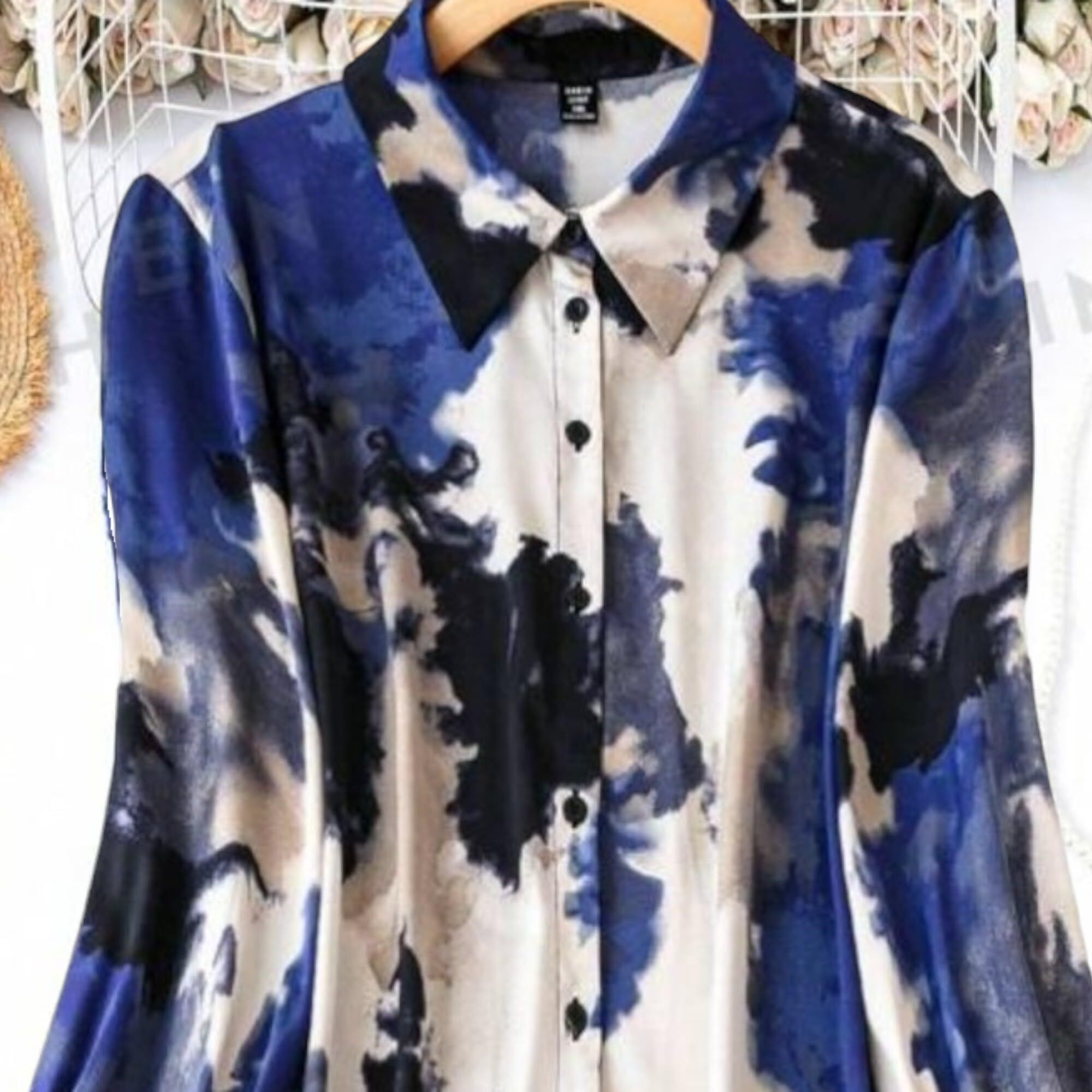 Gufrina Women's Rayon Dress With Long Puff Sleeves Mandarin Collared Neck Tie Die Printed A-Line Style Regular Fit And Knee Length Blue