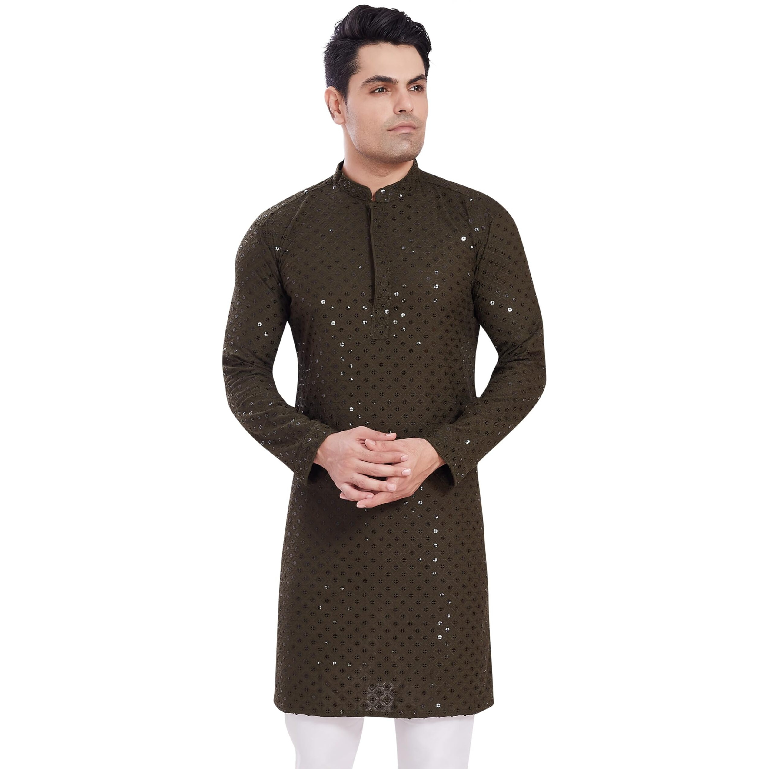 Divisive Men's Sequince Embroidered Cotton Blend Only Slim Fit Kurta (Dkrt524_M_Mehndi)