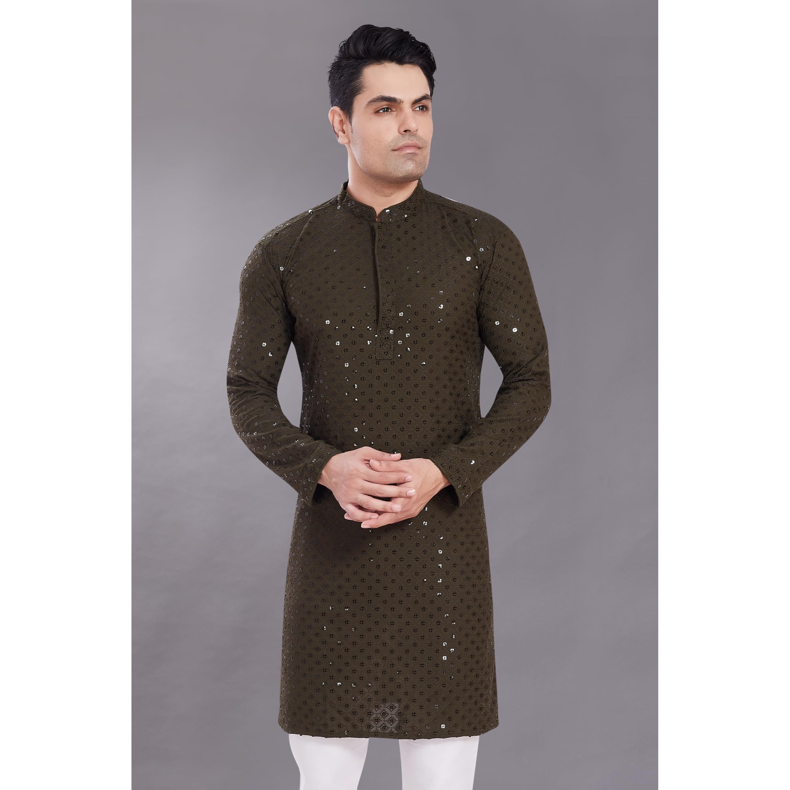 Divisive Men's Sequince Embroidered Cotton Blend Only Slim Fit Kurta (Dkrt524_M_Mehndi)