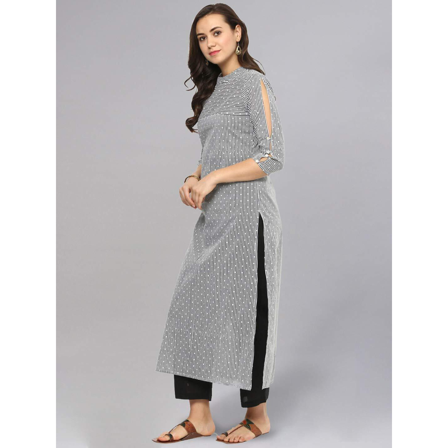 Idalia Black And White Dotted Stripes Straight Cotton Kurta For Women