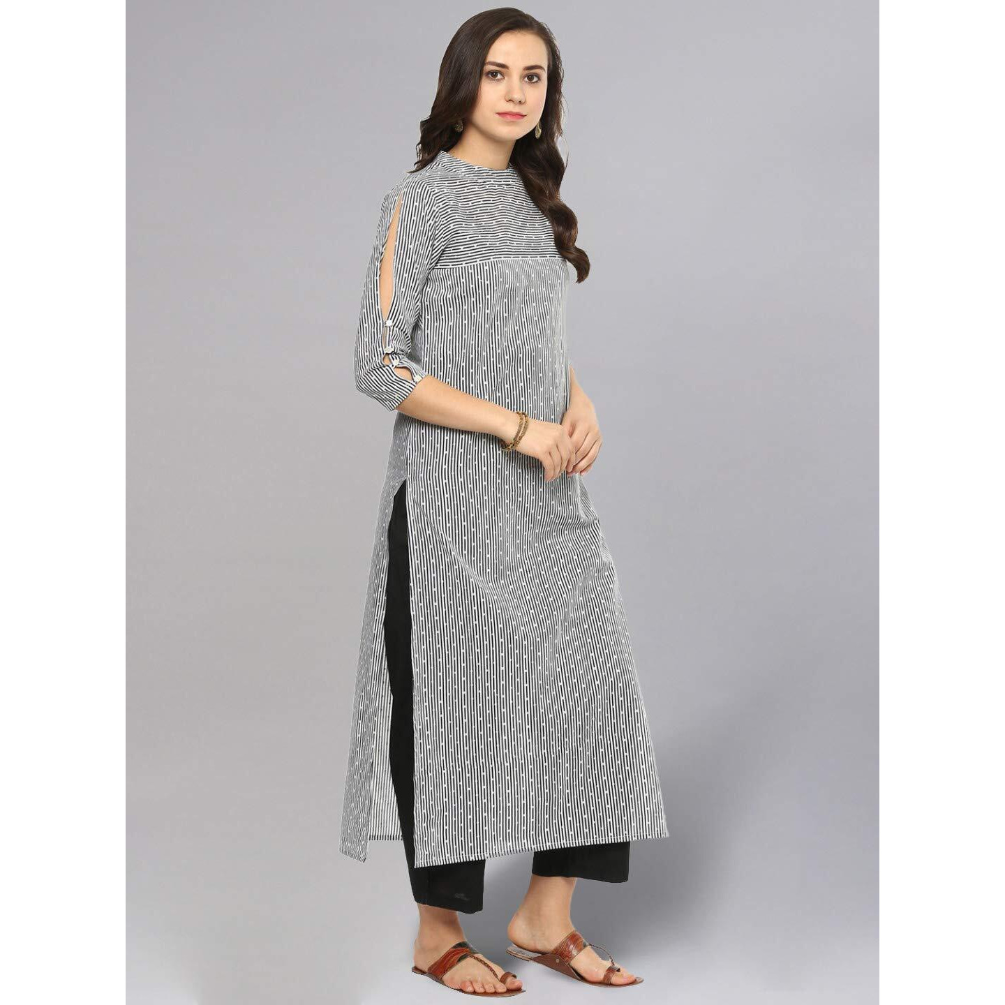 Idalia Black And White Dotted Stripes Straight Cotton Kurta For Women