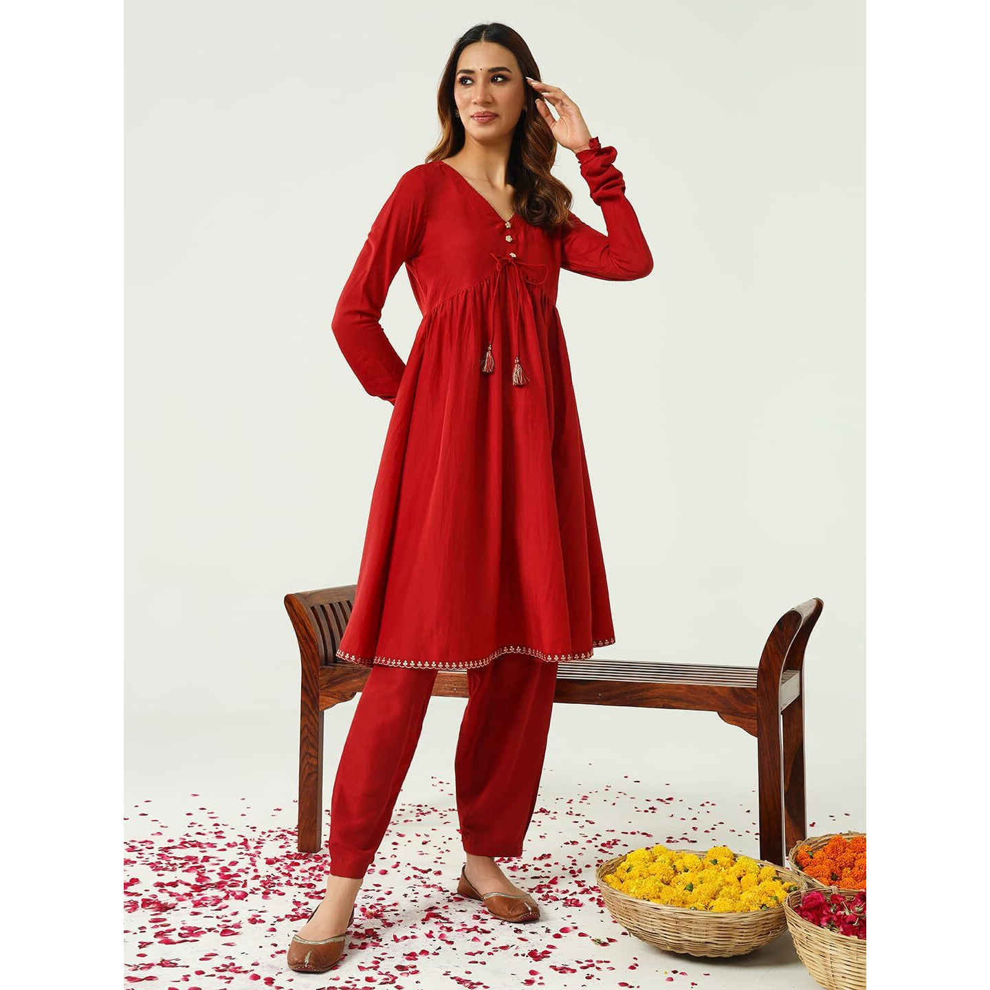 Fiorra Women's Red Silk Blend Nayra Cut Kurta With Pant And Dupatta Set0166