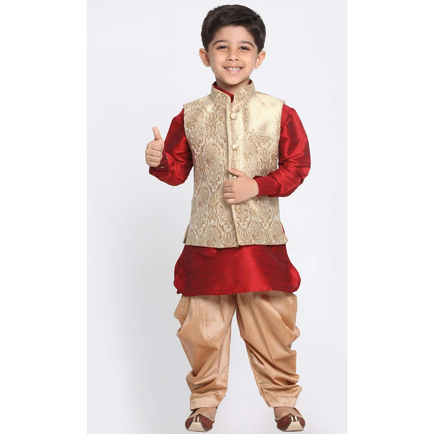 Jbn Creation Vastramay Banarasi Brocade Woven Jacquard Nehru/Modi Jacket With Silk Pathani Kurta & Dhoti Pant Set Traditional Ethnic Wear For Boys, Solid,Gold