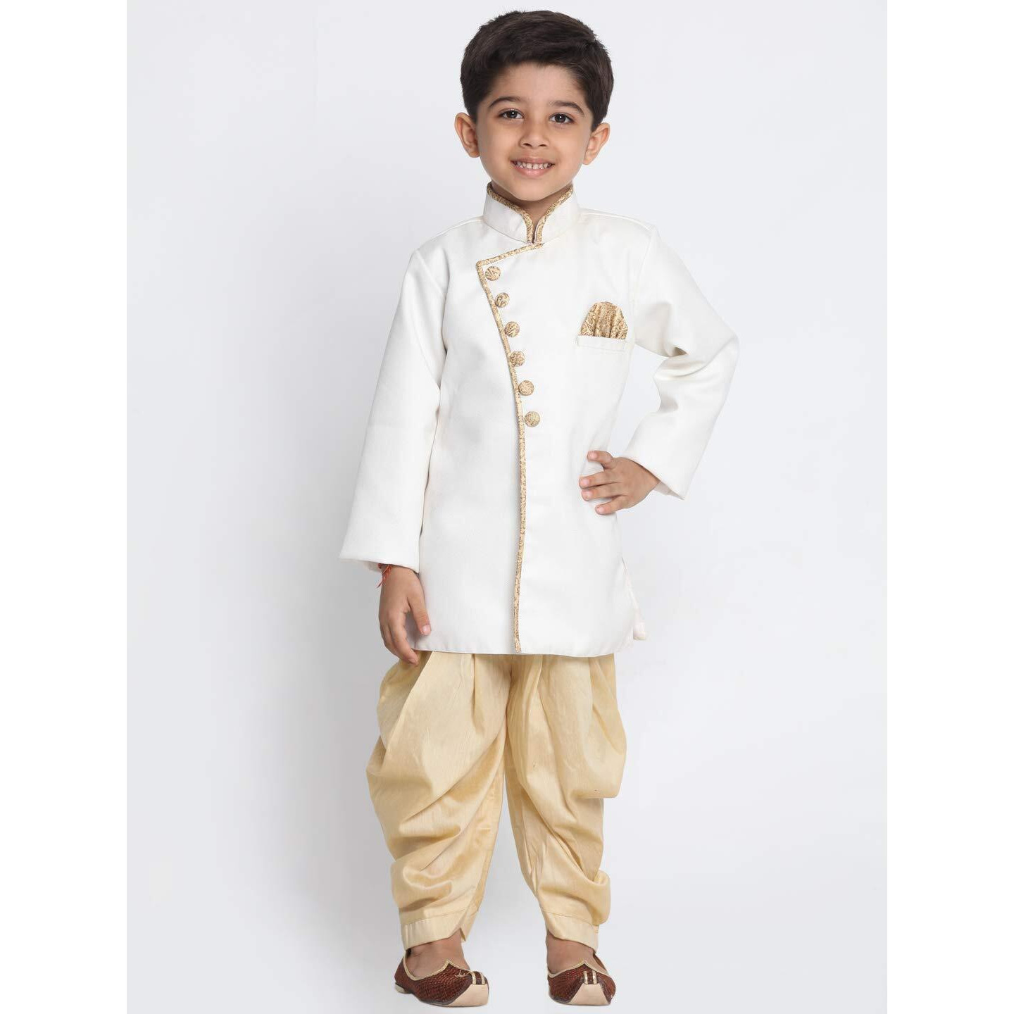 Jbn Creation Kids Boys' White And Gold Cotton Blend Sherwani And Casual Style Dhoti Pant Set_Jbnbciw123Ncdgo_32, 9-10 Years