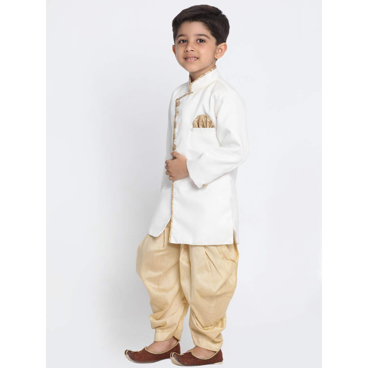Jbn Creation Kids Boys' White And Gold Cotton Blend Sherwani And Casual Style Dhoti Pant Set_Jbnbciw123Ncdgo_32, 9-10 Years