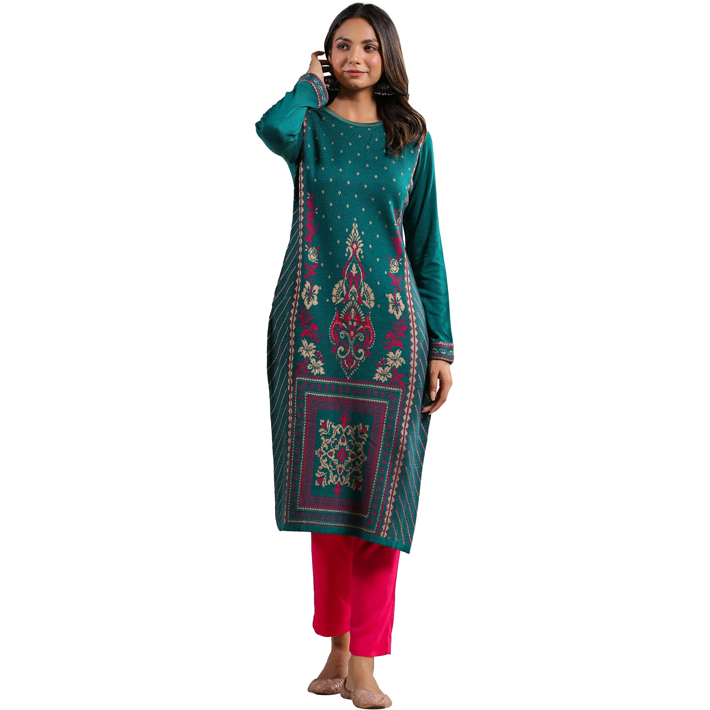Ishin Women's Green Jacquard Style Ethnic Motifs Straight Winterwear Kurta