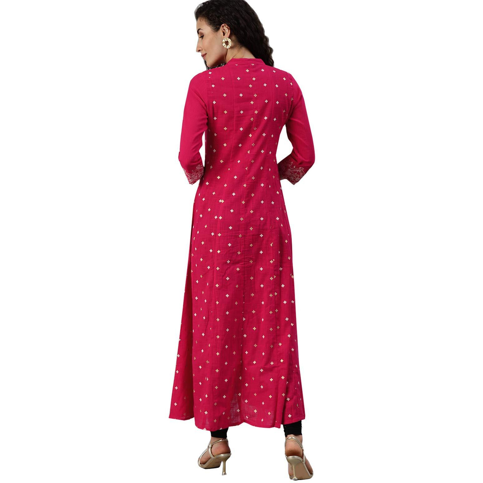 Ishin Women's Cotton Pink Zari Embellished Anarkali Kurta