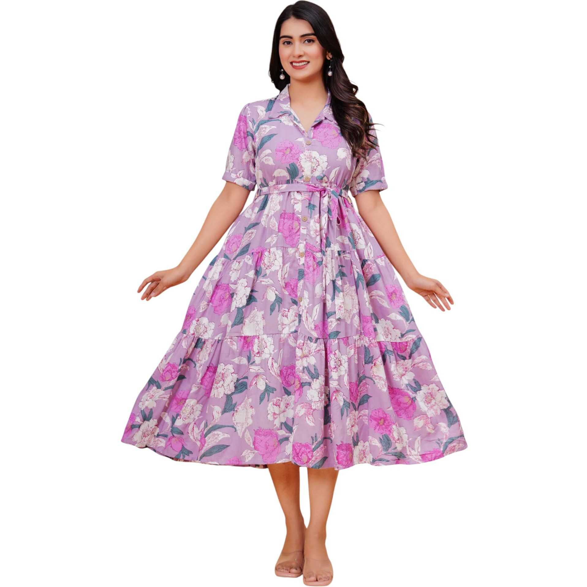 Jikonet Women's Western Dress Floral Printed Cotton Maxi Dress, (X-Small, Pink)