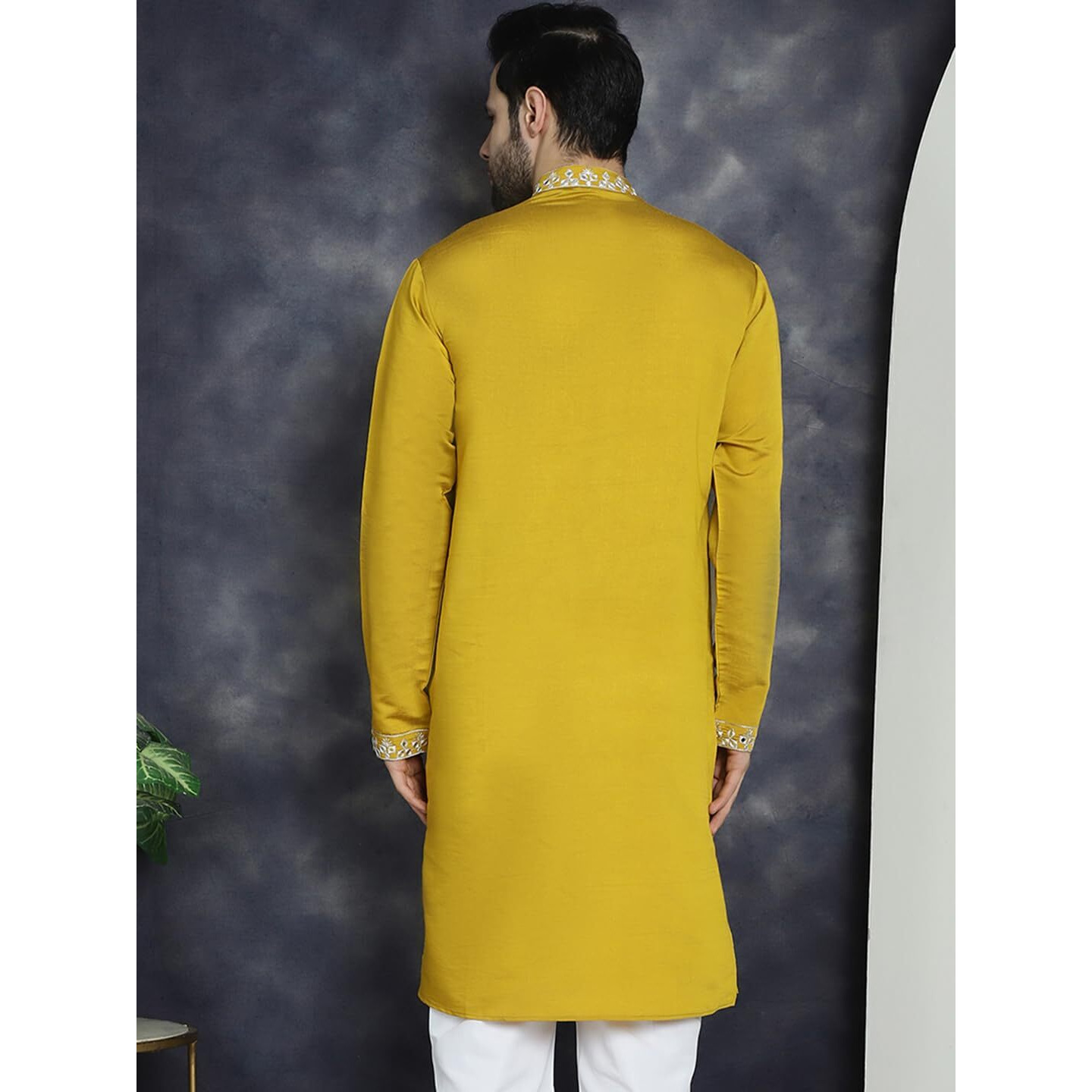 Jompers Men's Mustard Embroidered Kurtas (Mustard, L)