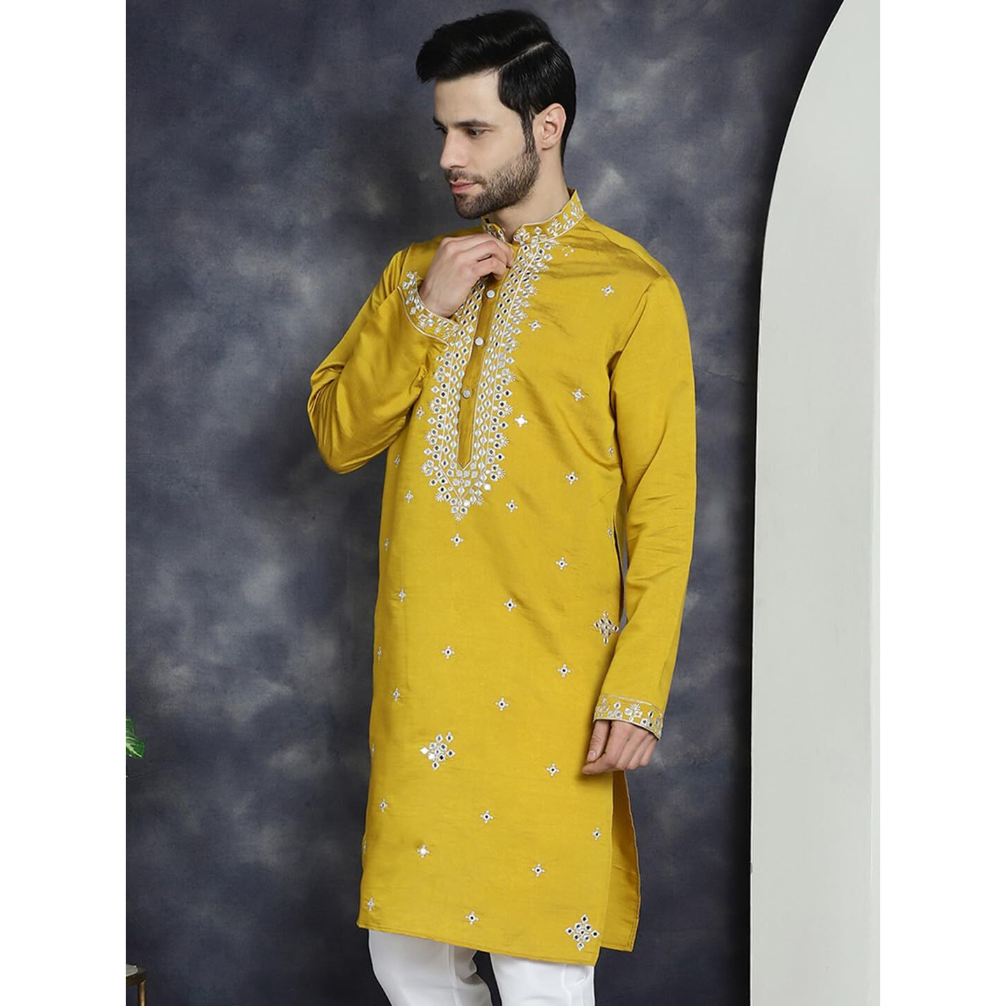 Jompers Men's Mustard Embroidered Kurtas (Mustard, L)