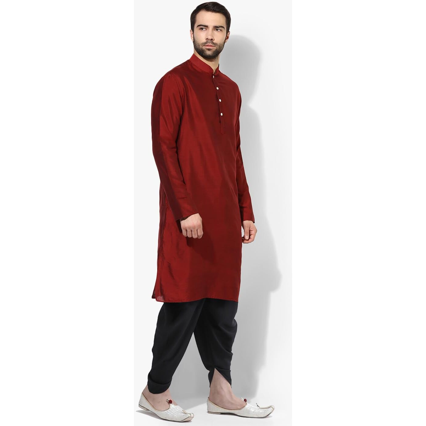 Kisah Men Maroon Solid A-Line Kurta Full Sleaves, Knee Length, Straight, Regular Fit, Mandarin Collar Ethnic Wear