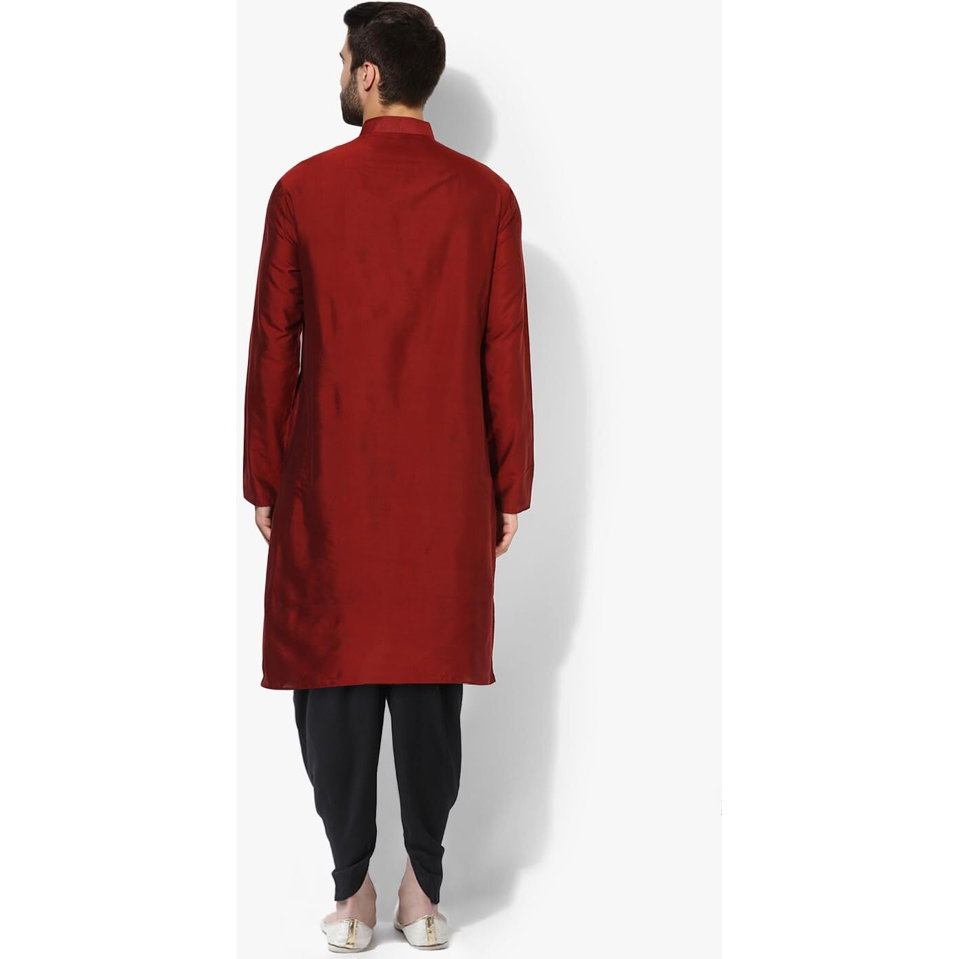 Kisah Men Maroon Solid A-Line Kurta Full Sleaves, Knee Length, Straight, Regular Fit, Mandarin Collar Ethnic Wear