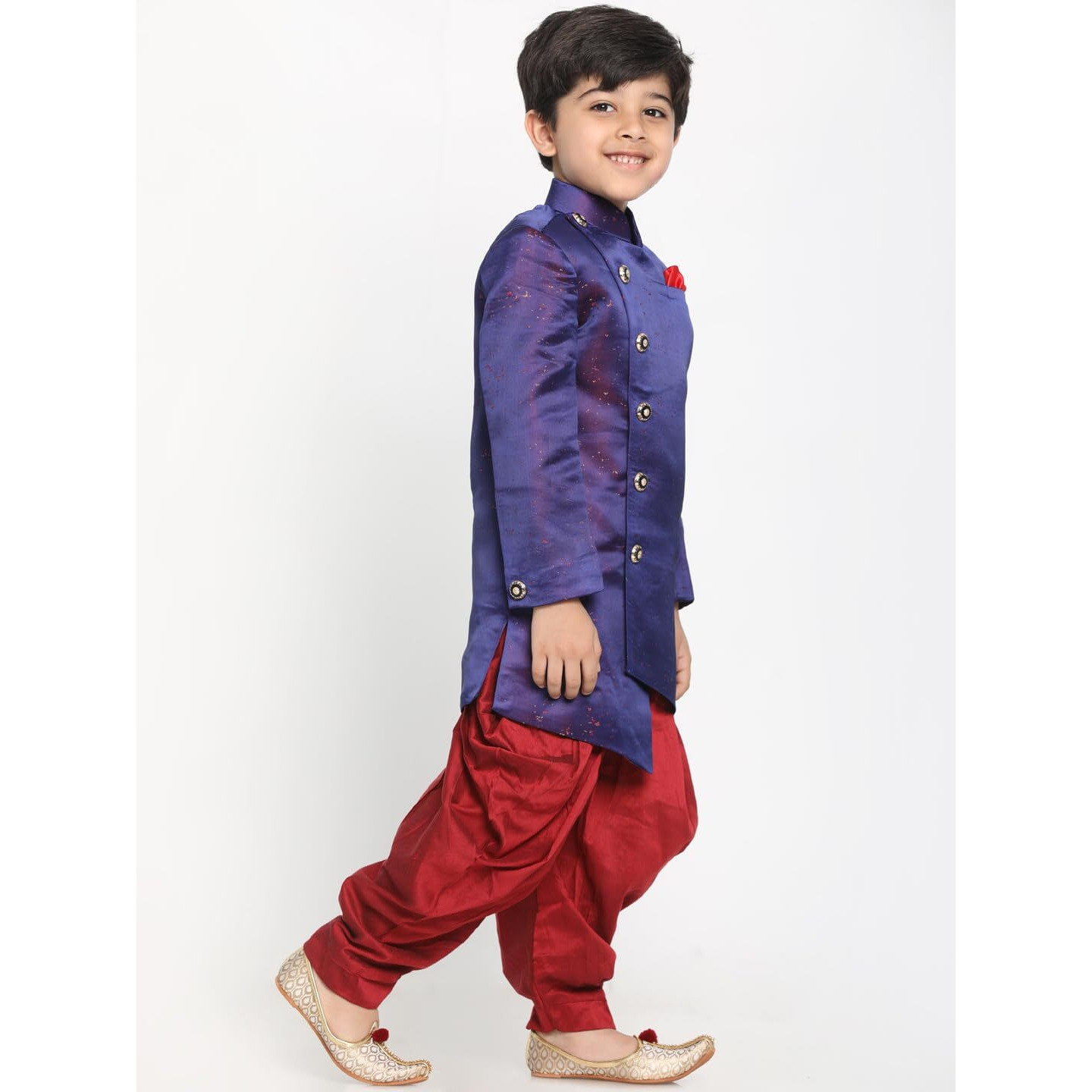Jbn Creation Boys' Blue And Maroon Silk Blend Indowestern Sherwani And Dhoti Set (B246)