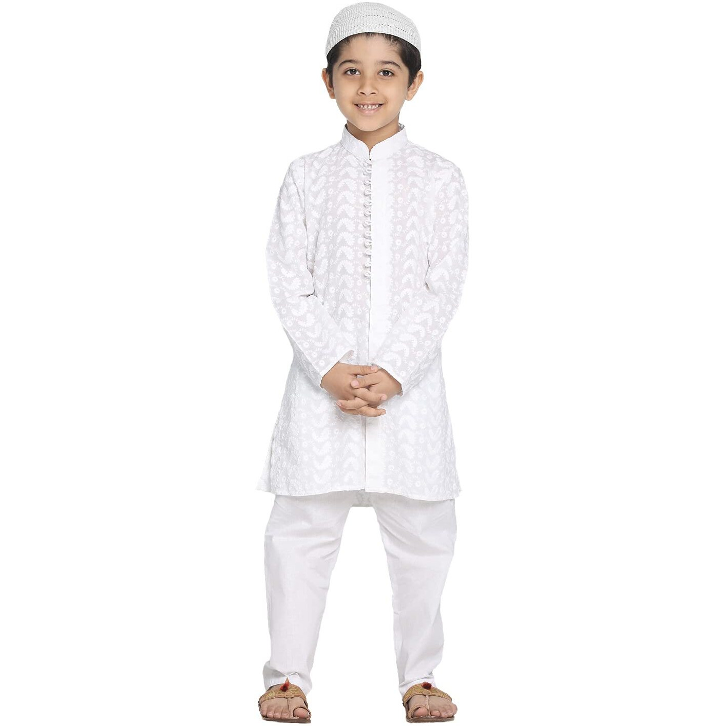Vastramay Boys' Cotton Kurta Pyjama Set With Lucknowi Chikankari Embroidery & Muslim Cap  Ethnic Wear For Holi & Eid