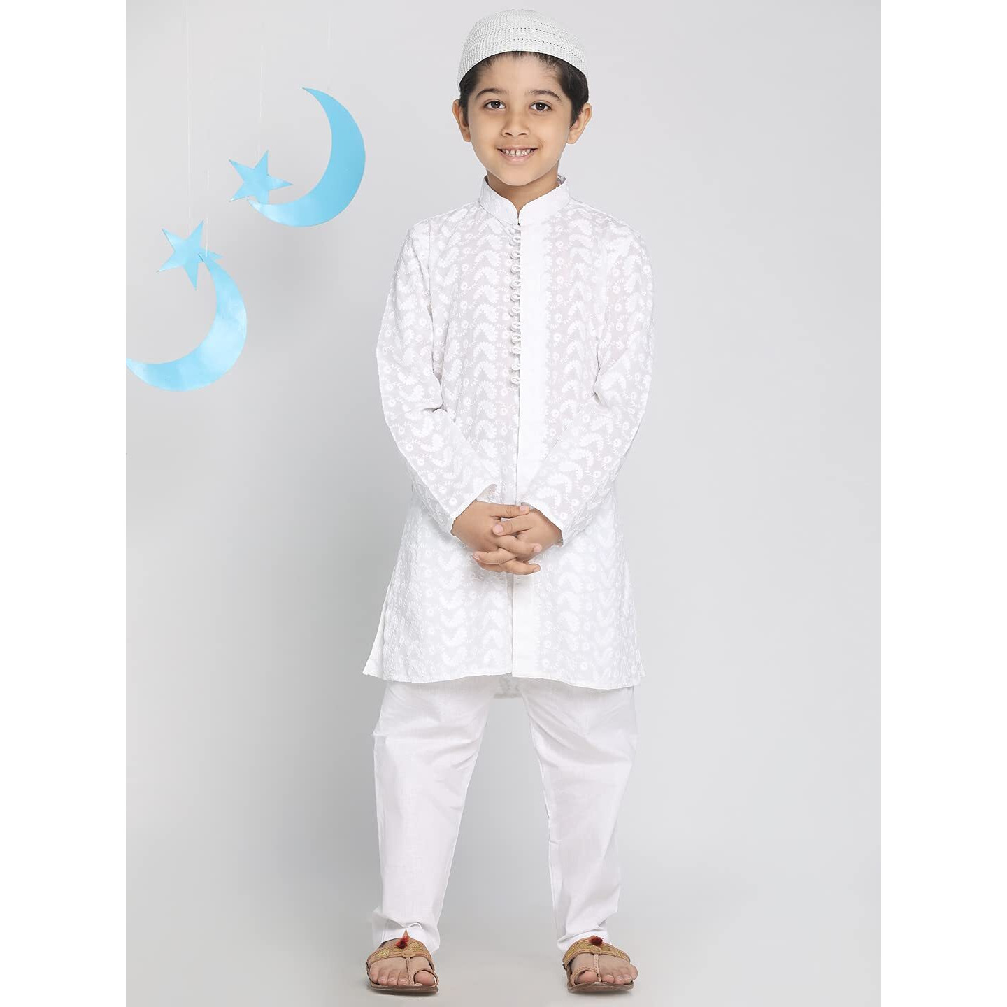 Vastramay Boys' Cotton Kurta Pyjama Set With Lucknowi Chikankari Embroidery & Muslim Cap  Ethnic Wear For Holi & Eid