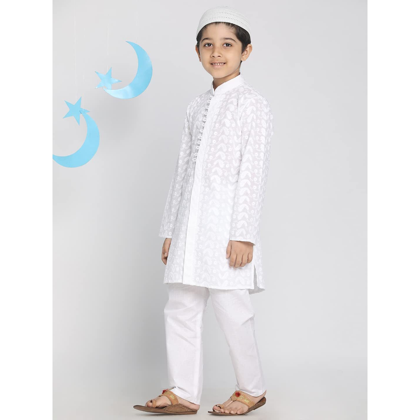 Vastramay Boys' Cotton Kurta Pyjama Set With Lucknowi Chikankari Embroidery & Muslim Cap  Ethnic Wear For Holi & Eid