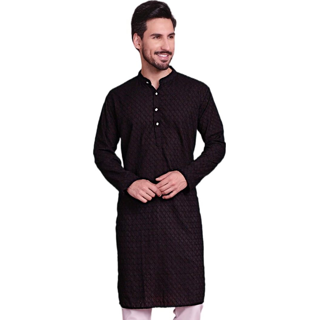 Jompers Chikankari Pure Cotton Kurtas For Men (Black, L)