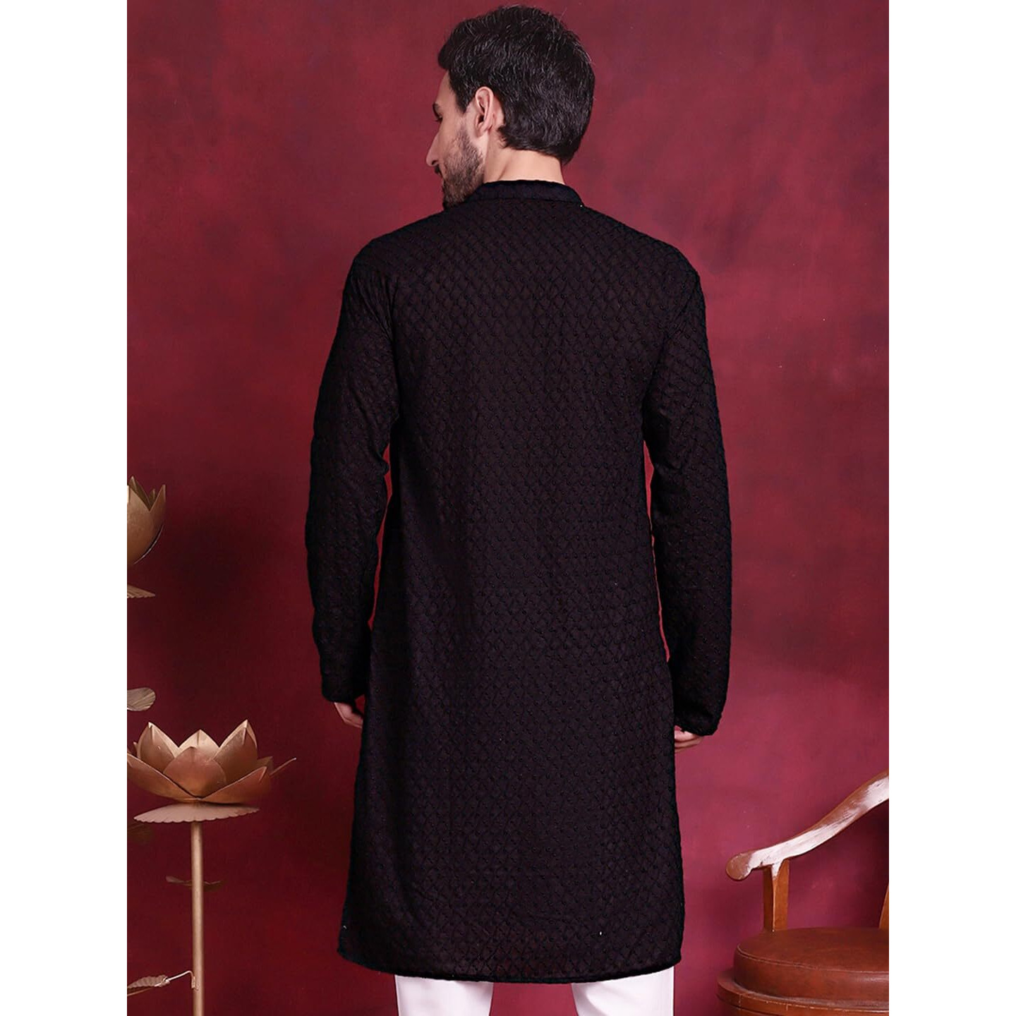 Jompers Chikankari Pure Cotton Kurtas For Men (Black, L)