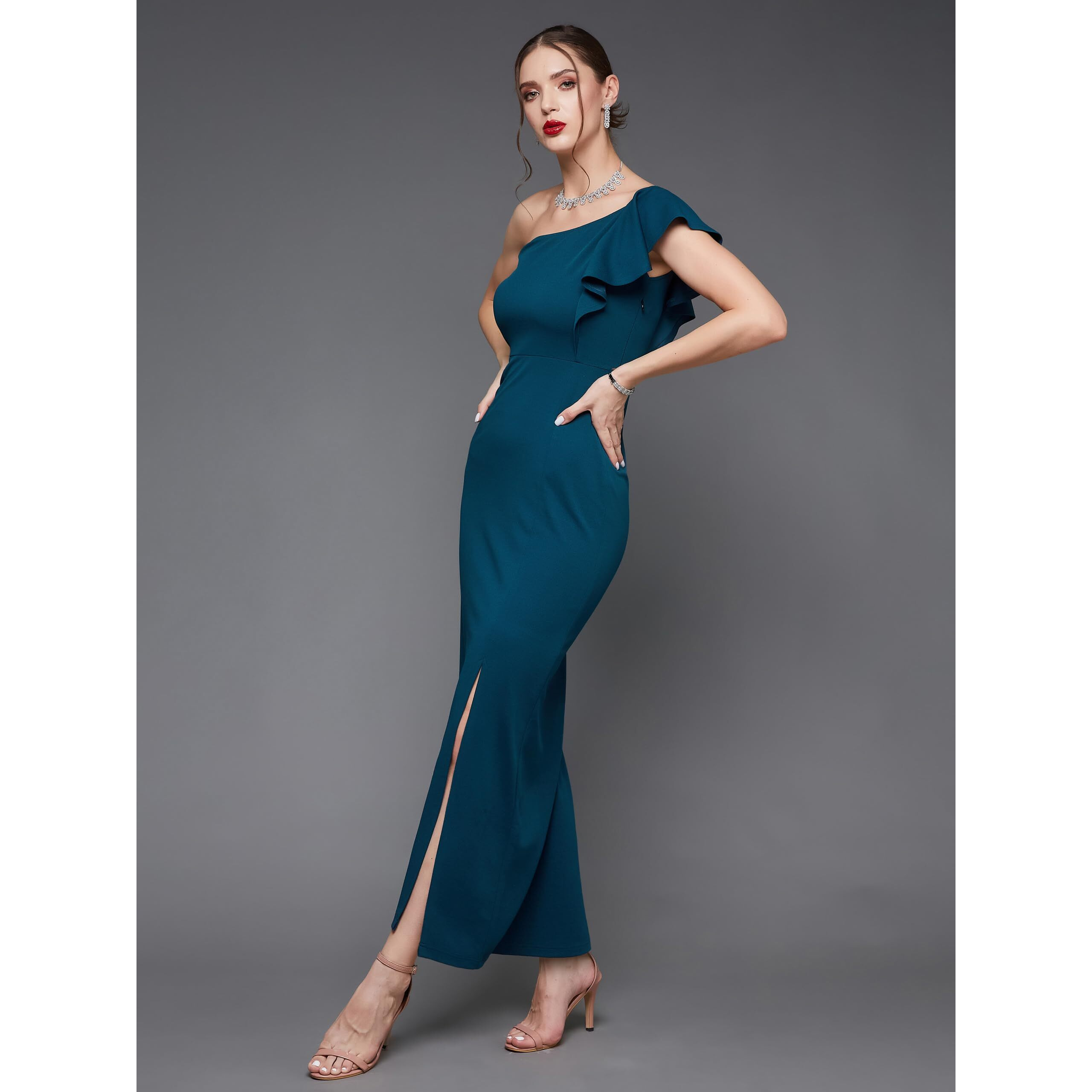 Miss Chase Women's Solid One Shoulder Sleeveless Ruffled Maxi Dress (Mcaw17D10-37-83-04, Teal, M)