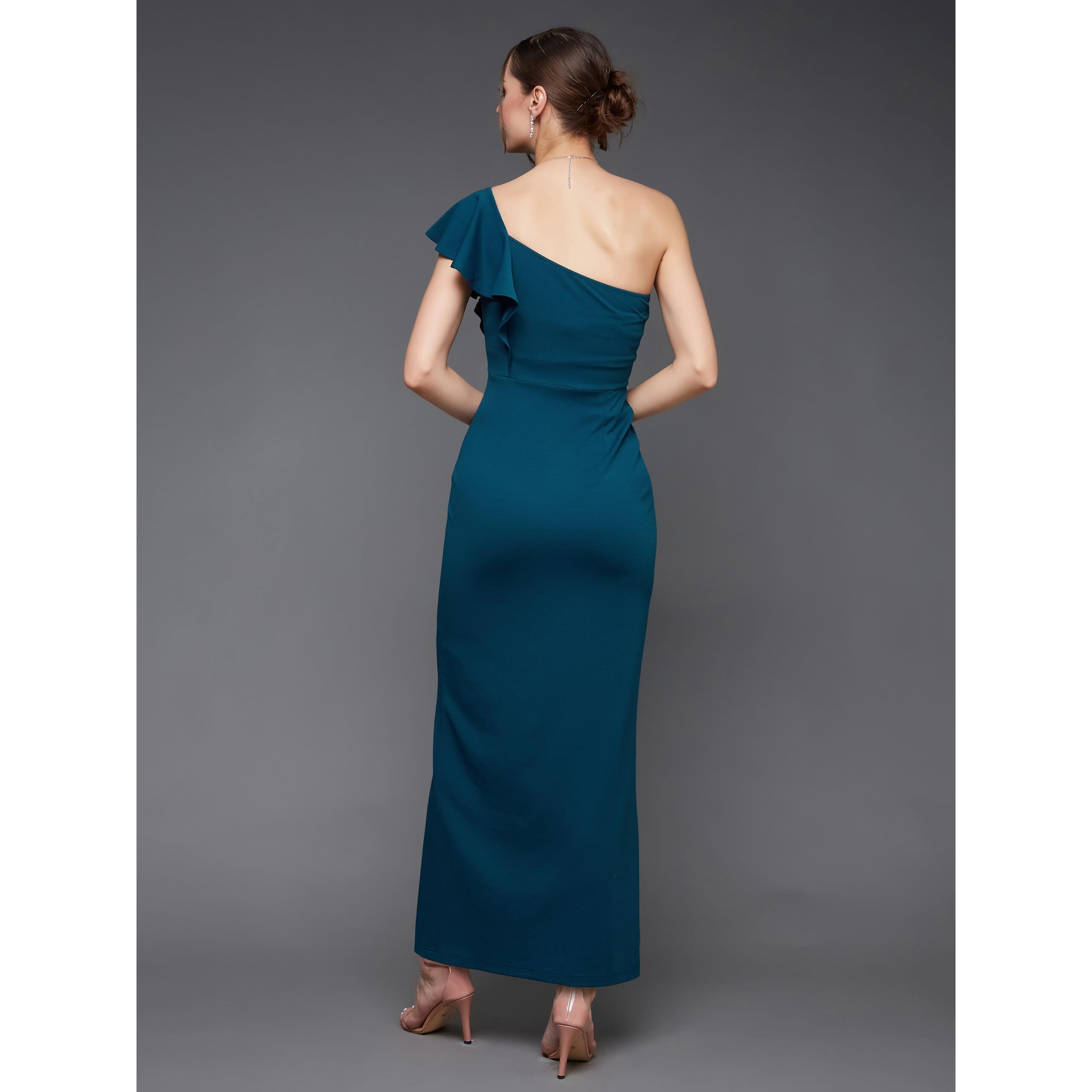 Miss Chase Women's Solid One Shoulder Sleeveless Ruffled Maxi Dress (Mcaw17D10-37-83-04, Teal, M)