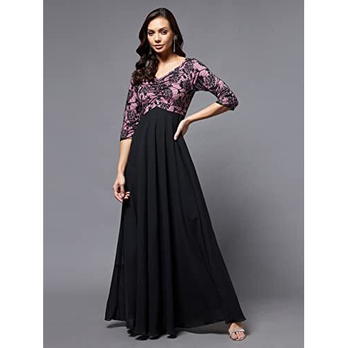 Miss Chase Women's Sweet Heart Neck 3/4Th Sleeve Self Design Fit & Flare Maxi Dress (Mcss23D79-06-245-06, Black And Lavender, Xl)