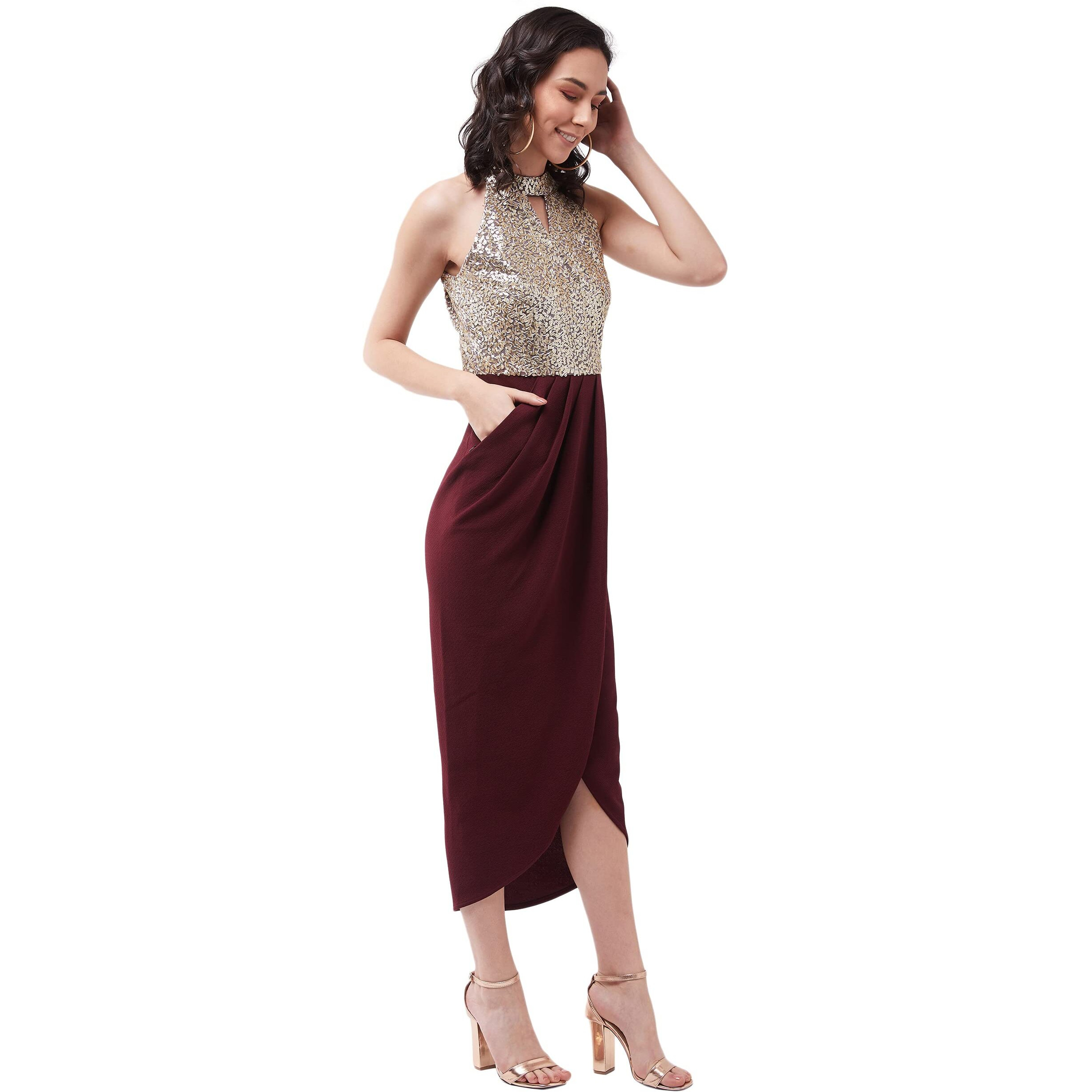Miss Chase Women's Wine Halter Neck Sleeveless Solid Embellished Midi Dress (Mcaw21D13-17-184-06,Wine,Xl)