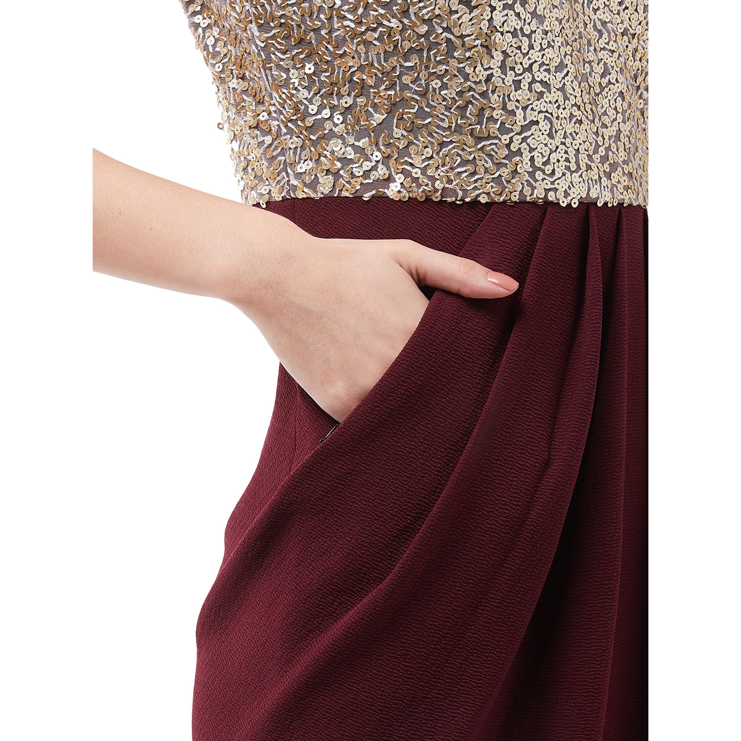 Miss Chase Women's Wine Halter Neck Sleeveless Solid Embellished Midi Dress (Mcaw21D13-17-184-06,Wine,Xl)