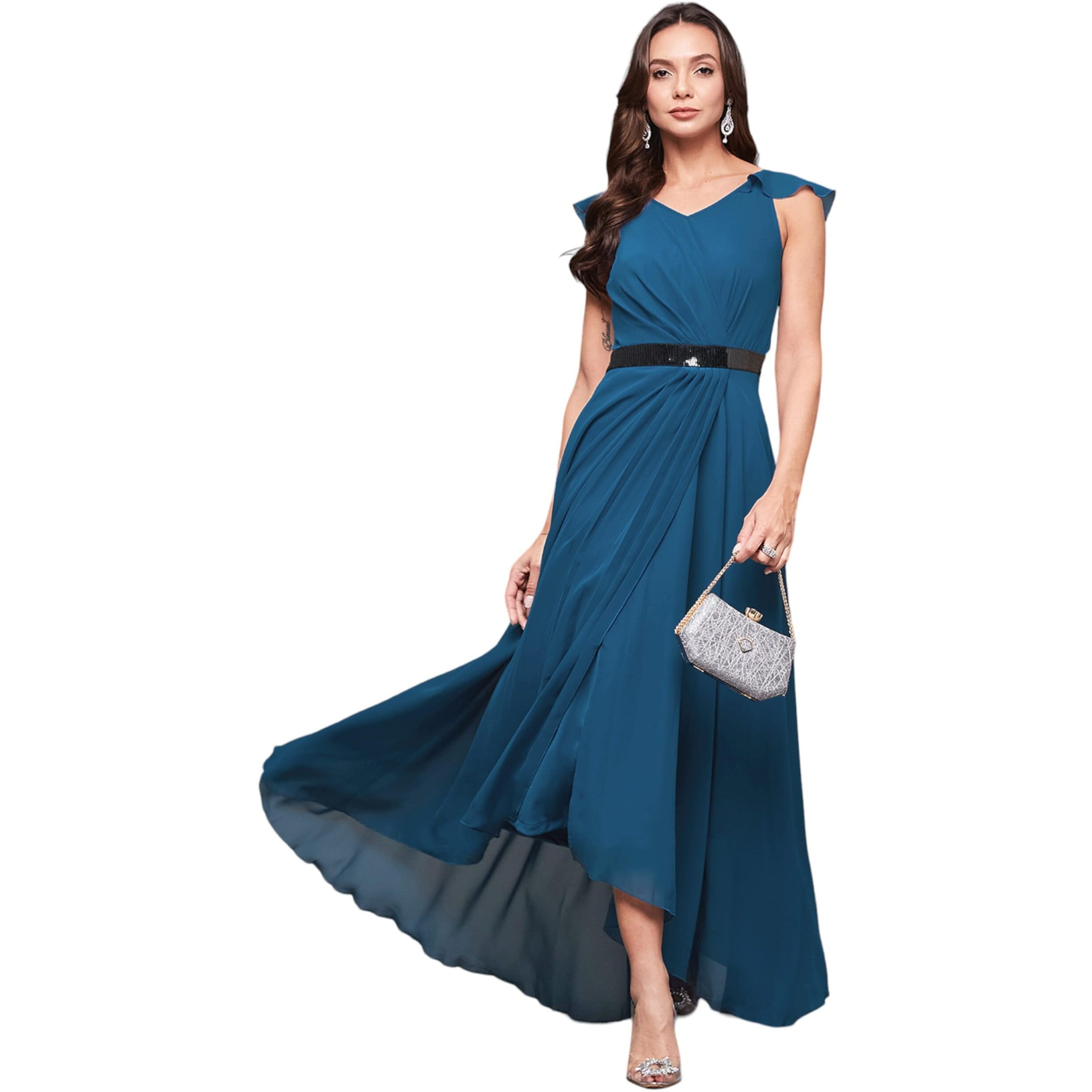 Miss Chase Women's V-Neck Ruffled Sleeve Solid Embellished Maxi Dress With Pockets (Mcaw21D06-17-229-02, Royal Blue, Xs)