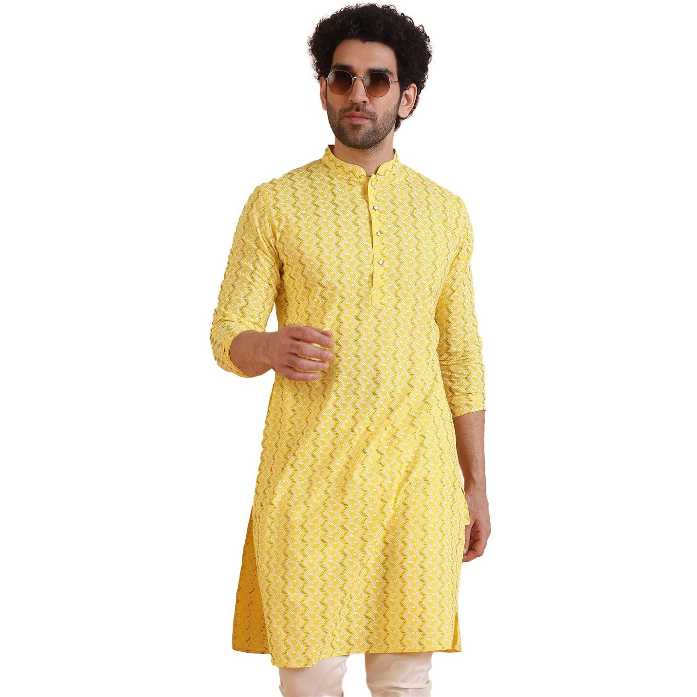 Kisah Mens Printed Cotton Blend Kurta - Traditional Ethnic Wear Kurta For Men For Weddings & Festivals, Yellow1, 56