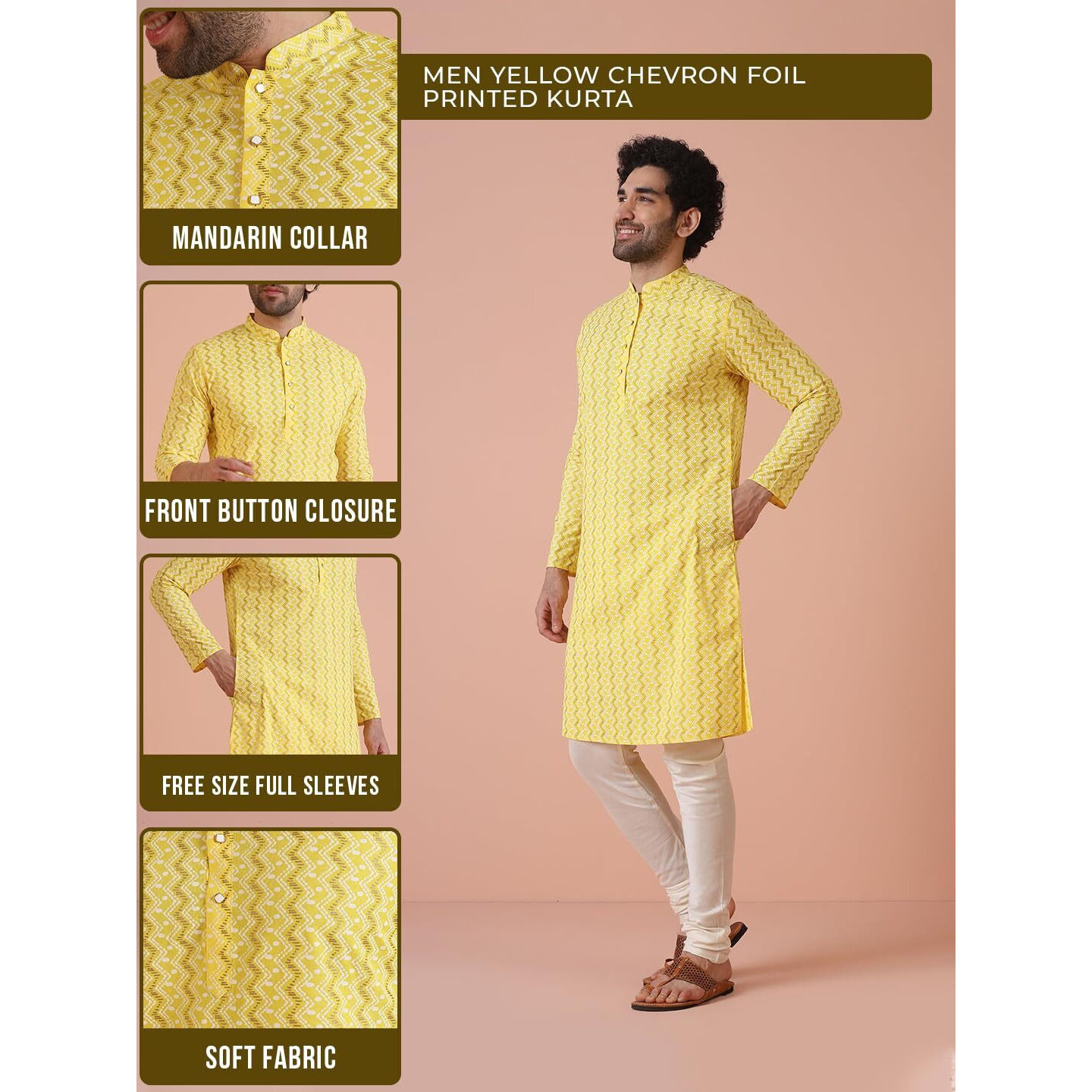Kisah Mens Printed Cotton Blend Kurta - Traditional Ethnic Wear Kurta For Men For Weddings & Festivals, Yellow1, 56