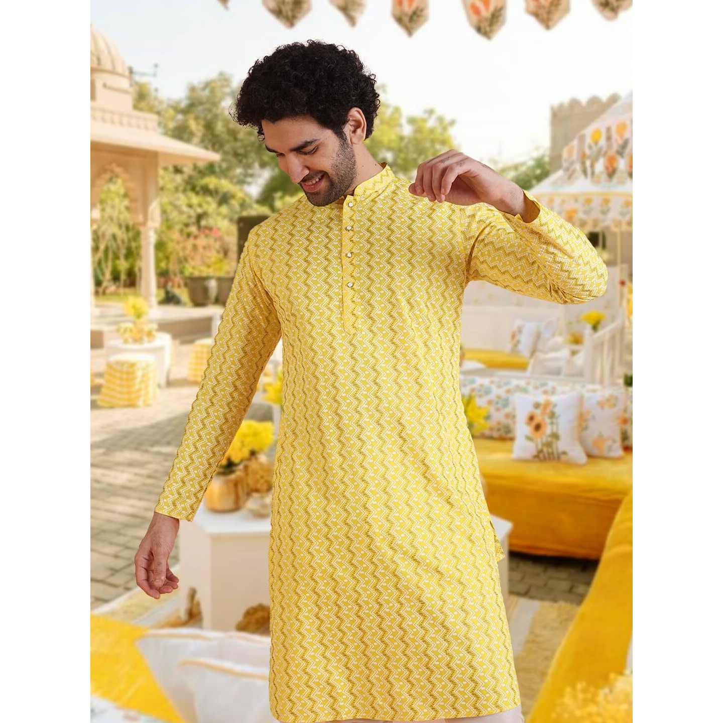 Kisah Mens Printed Cotton Blend Kurta - Traditional Ethnic Wear Kurta For Men For Weddings & Festivals, Yellow1, 56