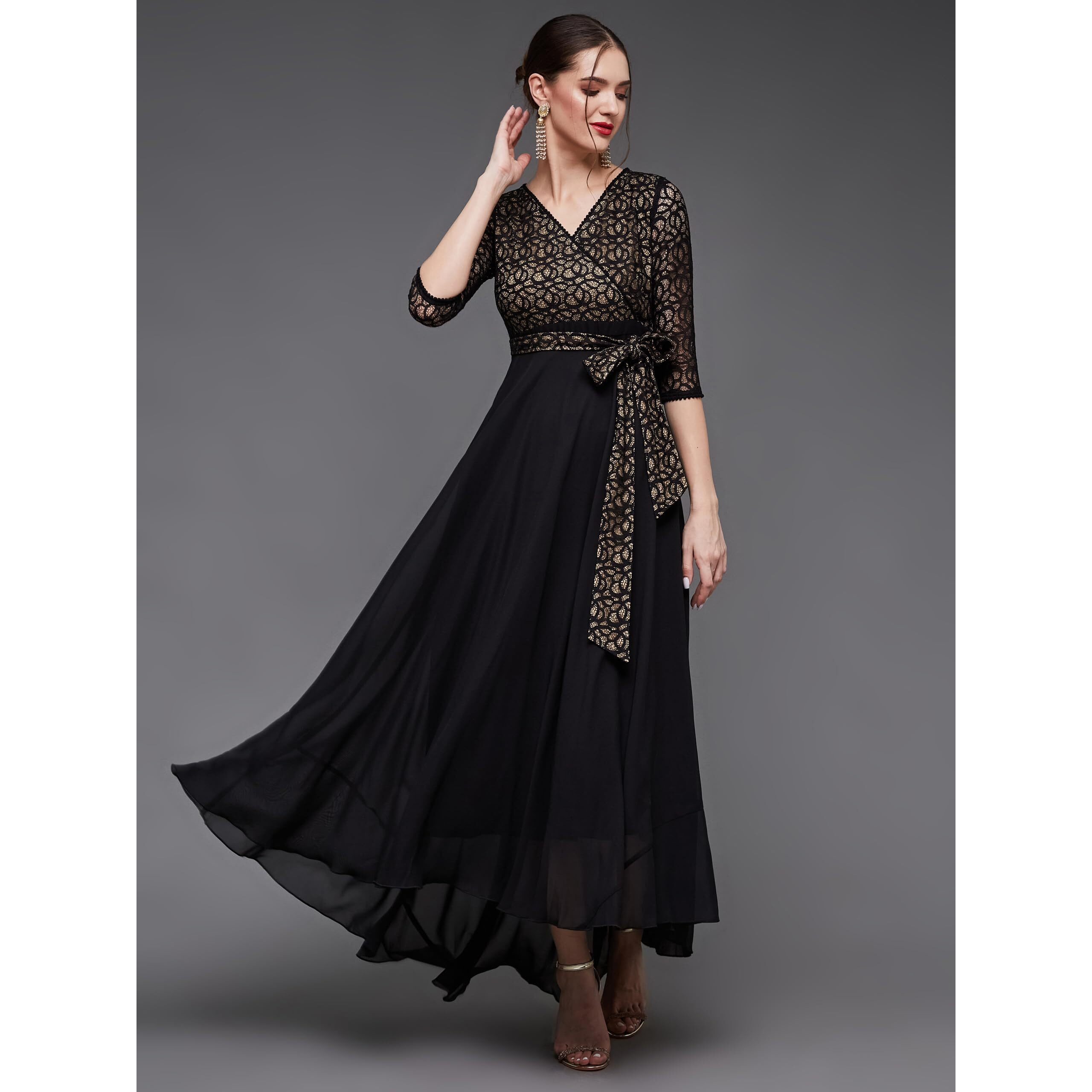 Miss Chase Women's Self-Designed Relaxed Fit V-Neck 3/4Th Sleeve Georgette And Lace Maxi Dress With Pocket (Mcss21D14-67-62-09, Black, 4Xl)