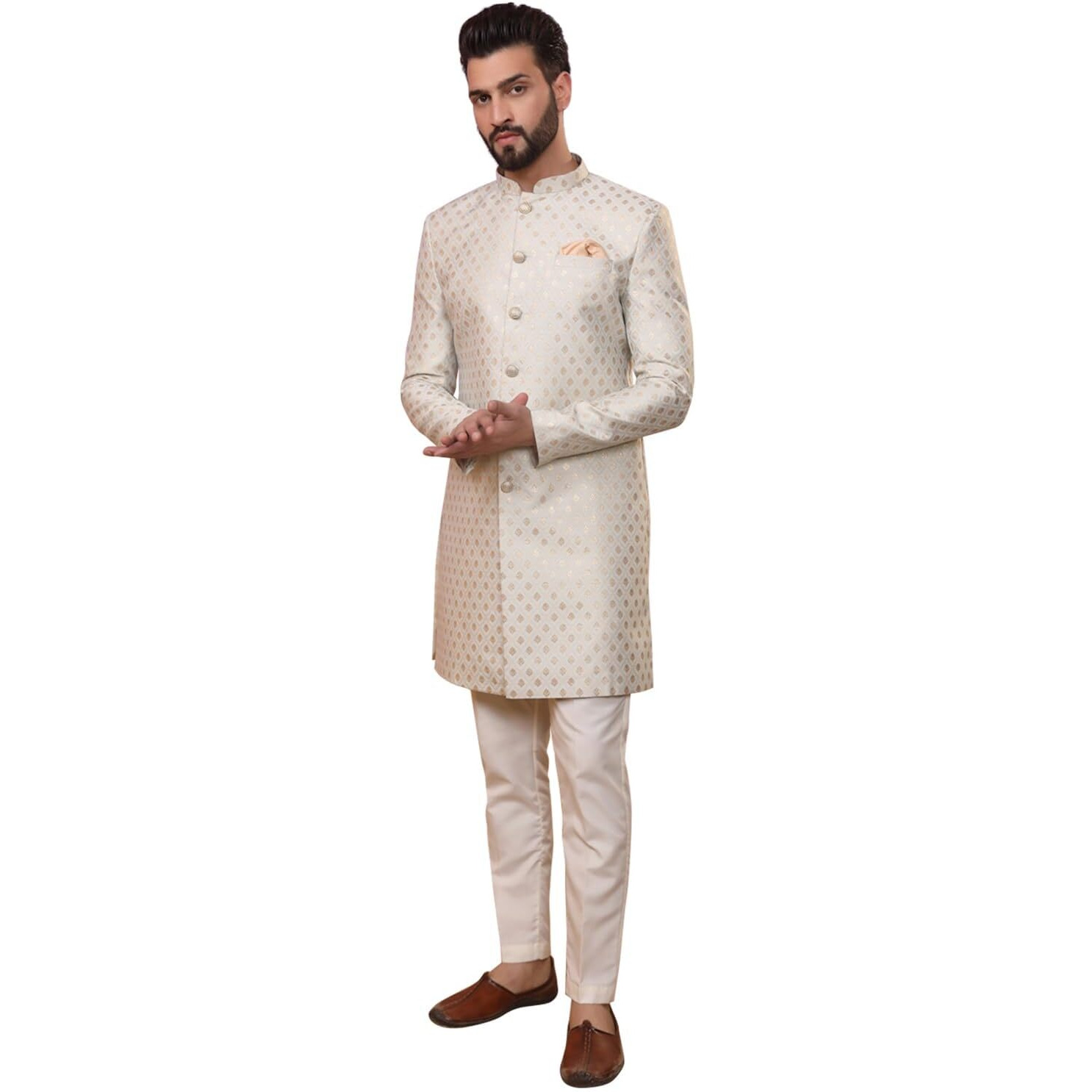 Kisah Men's Ethnic Wear Silk Blend Woven Design Regular Fit White Indo-Western Sherwani Set Indo-Western