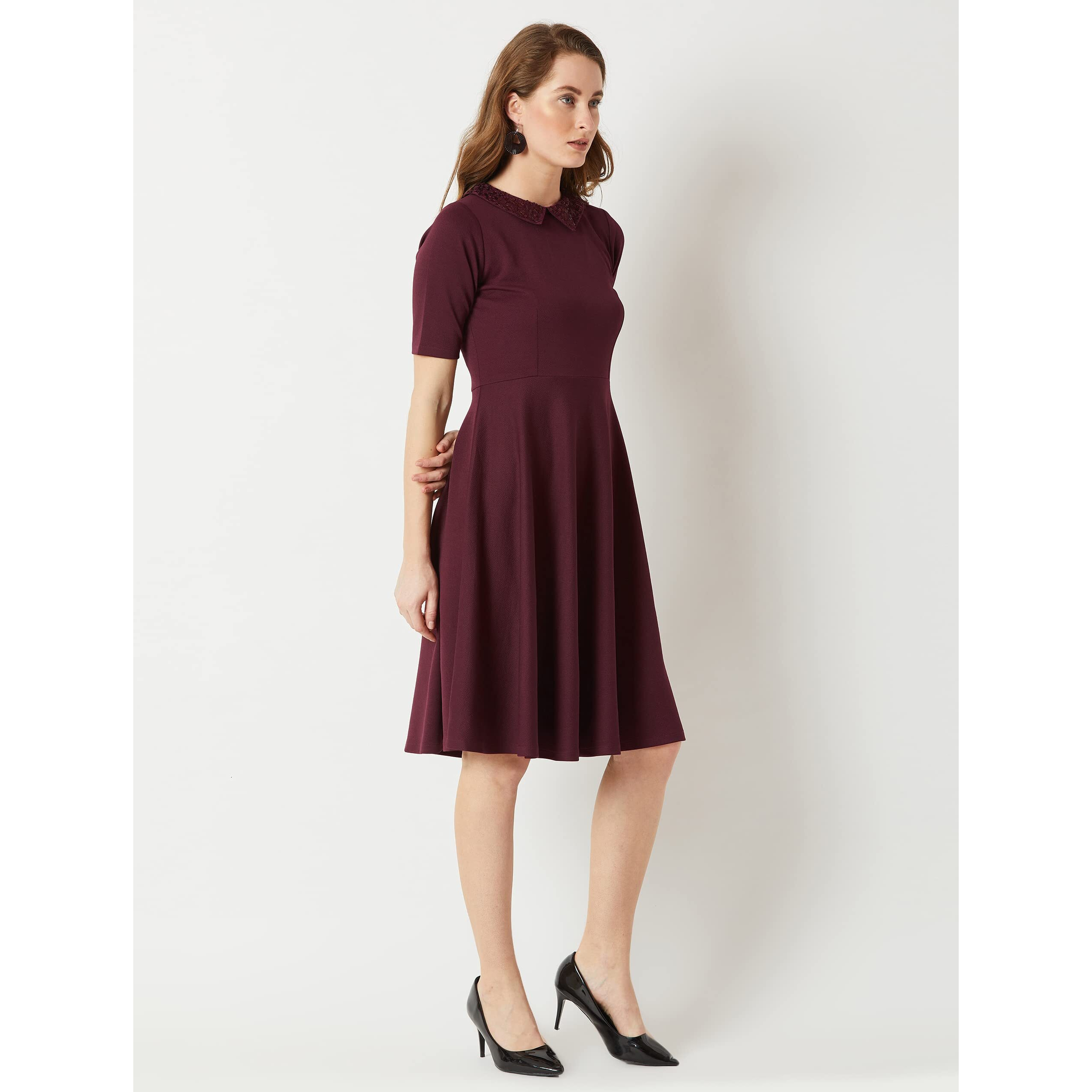 Miss Chase Women's Wine Red Collared Round Neck Half Sleeve Solid Knee-Long Skater Dress (Mcaw18D13-05-184_Wine Red_M)