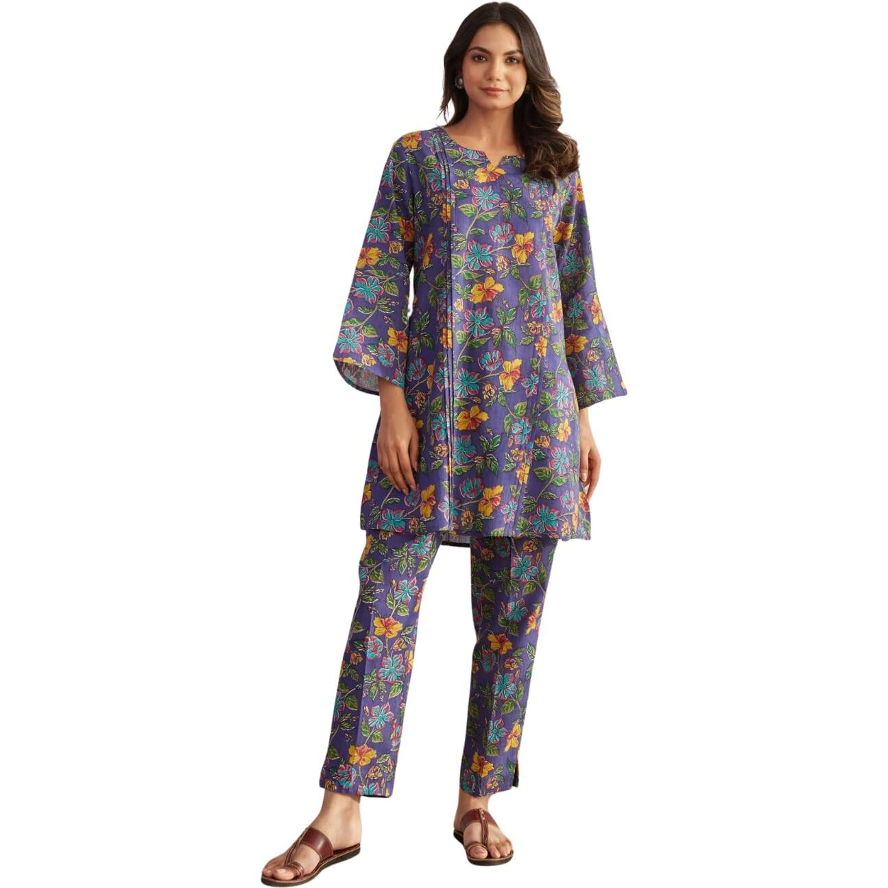 Nainvish Women's Blue Floral Printed A-Line Cotton Blend V-Neck Co-Ord Set (Sd667_Kb-S)