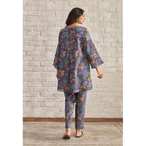 Nainvish Women's Blue Floral Printed A-Line Cotton Blend V-Neck Co-Ord Set (Sd667_Kb-S)
