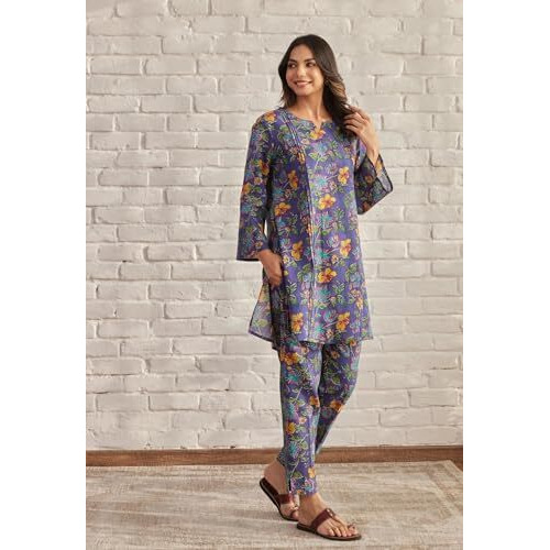 Nainvish Women's Blue Floral Printed A-Line Cotton Blend V-Neck Co-Ord Set (Sd667_Kb-S)