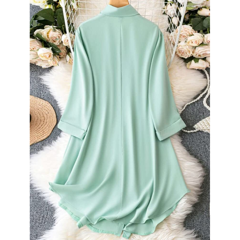 Om Sai Latest Creation Western Dress || Rayon Solid Button Front Shirt Dress For Women || Roll Tab Sleeve & Collared Neck Flared Dress || Office || Summer Short Dresses For Women. (Small, Pista)