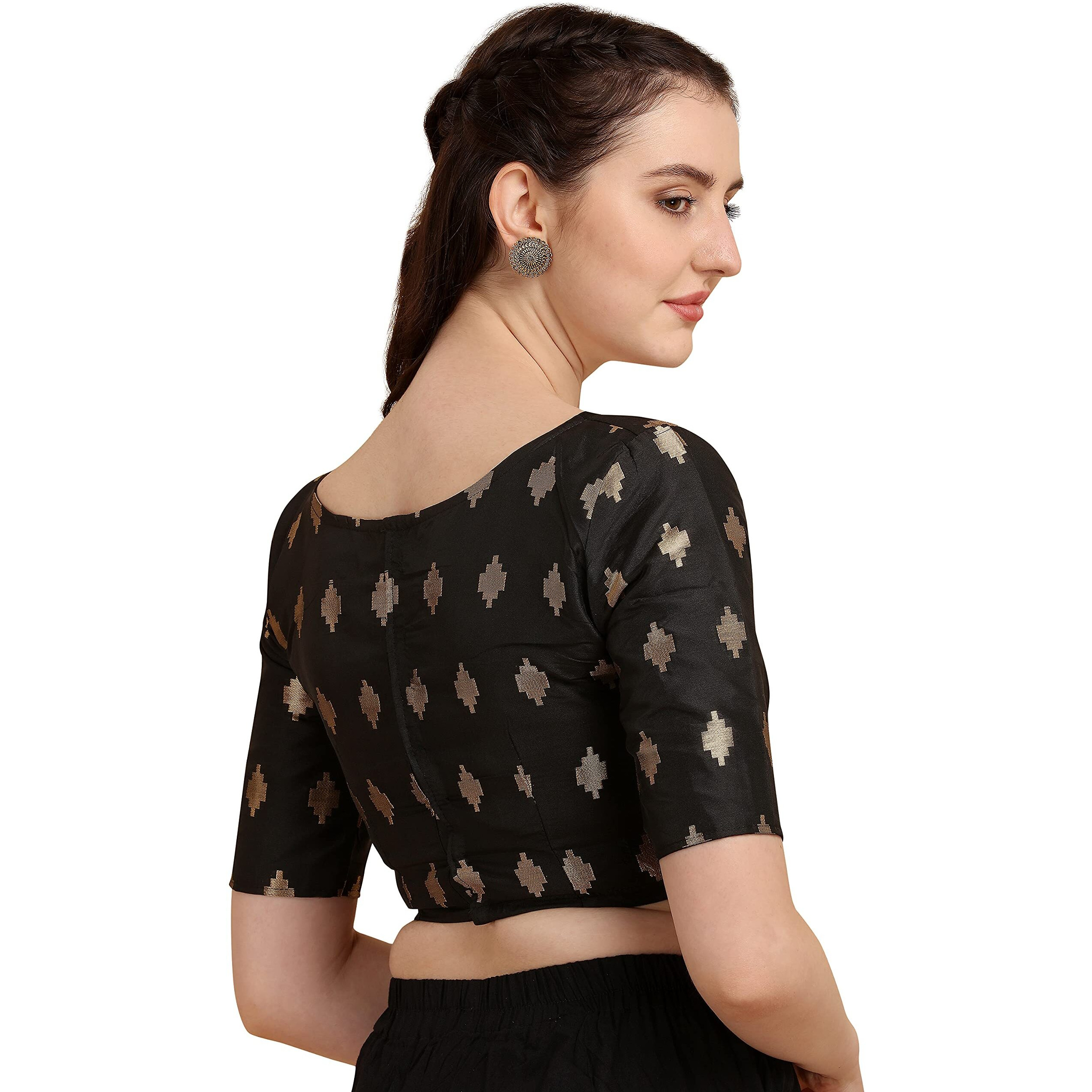 Oomph Women's Art Silk Geometric Half Sleeve Blouse (Rbbl101L_Jet Black_L)